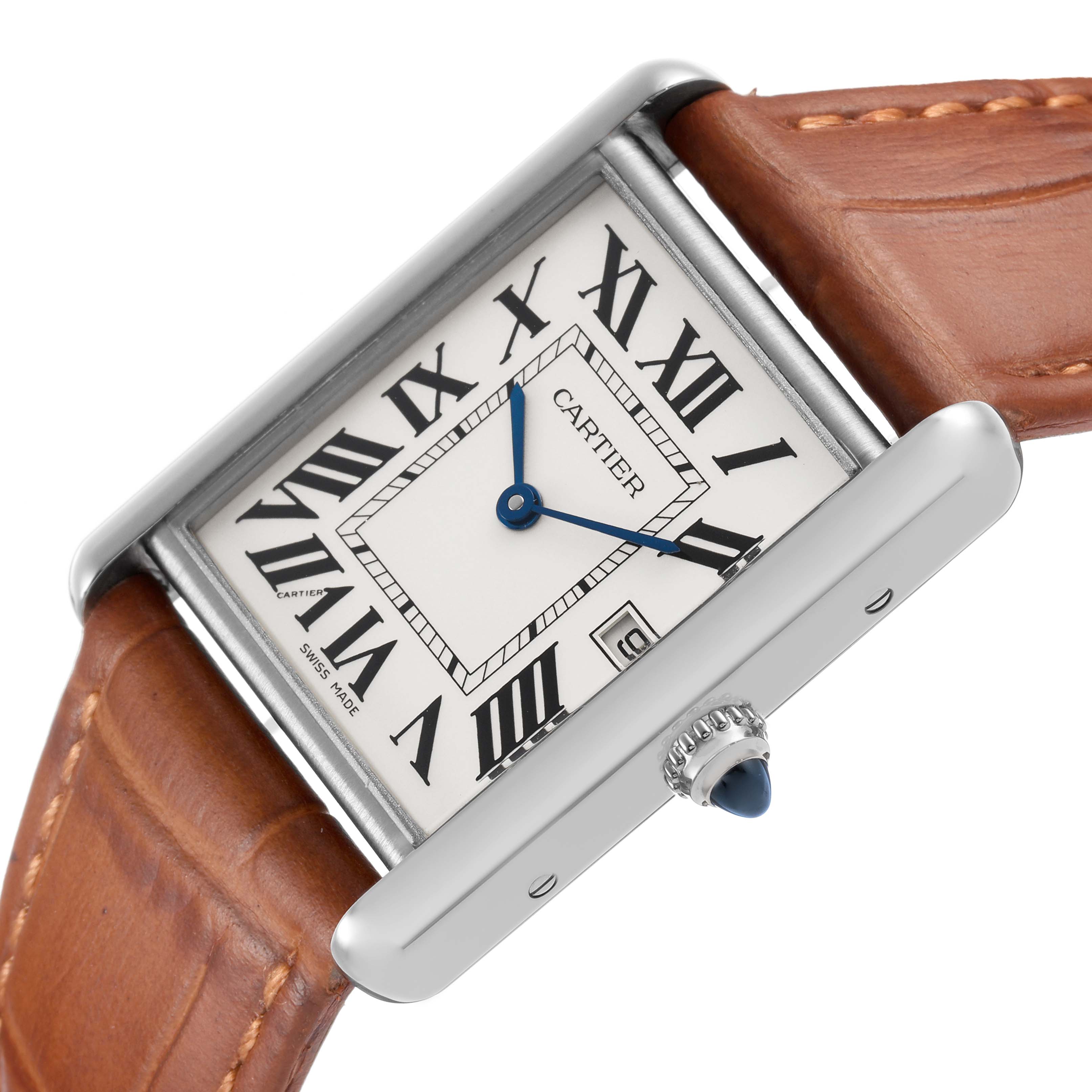 The Cartier Tank Louis W1540956 Men's White Gold Silver Dial watch is shown from a slightly angled front, highlighting the face, crown, and leather strap.