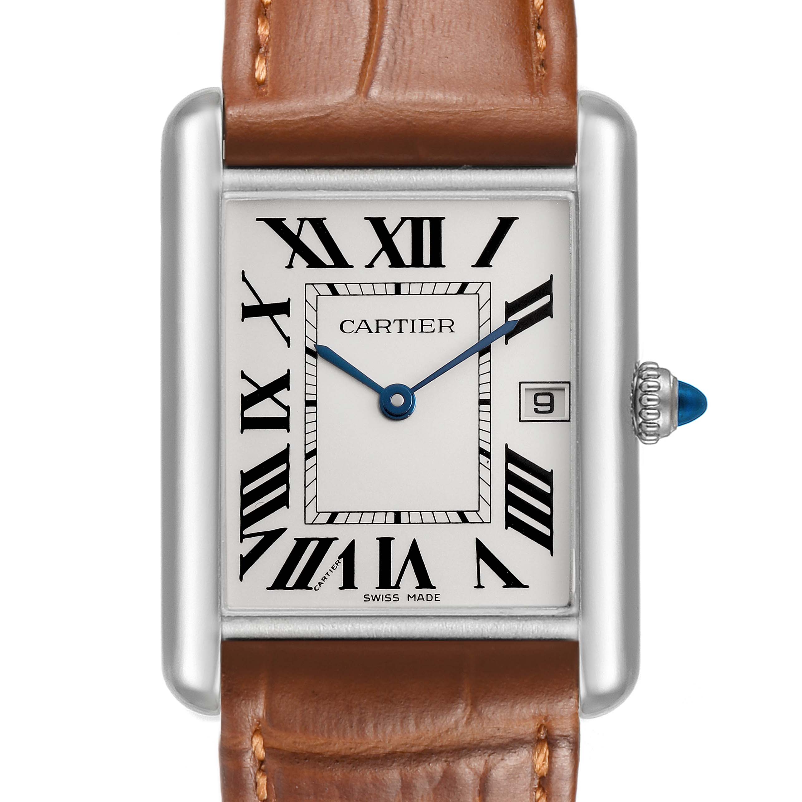 The Cartier Tank Louis W1540956 Men's White Gold Silver Dial watch is shown from the front, highlighting its rectangular face, Roman numerals, and brown leather strap.