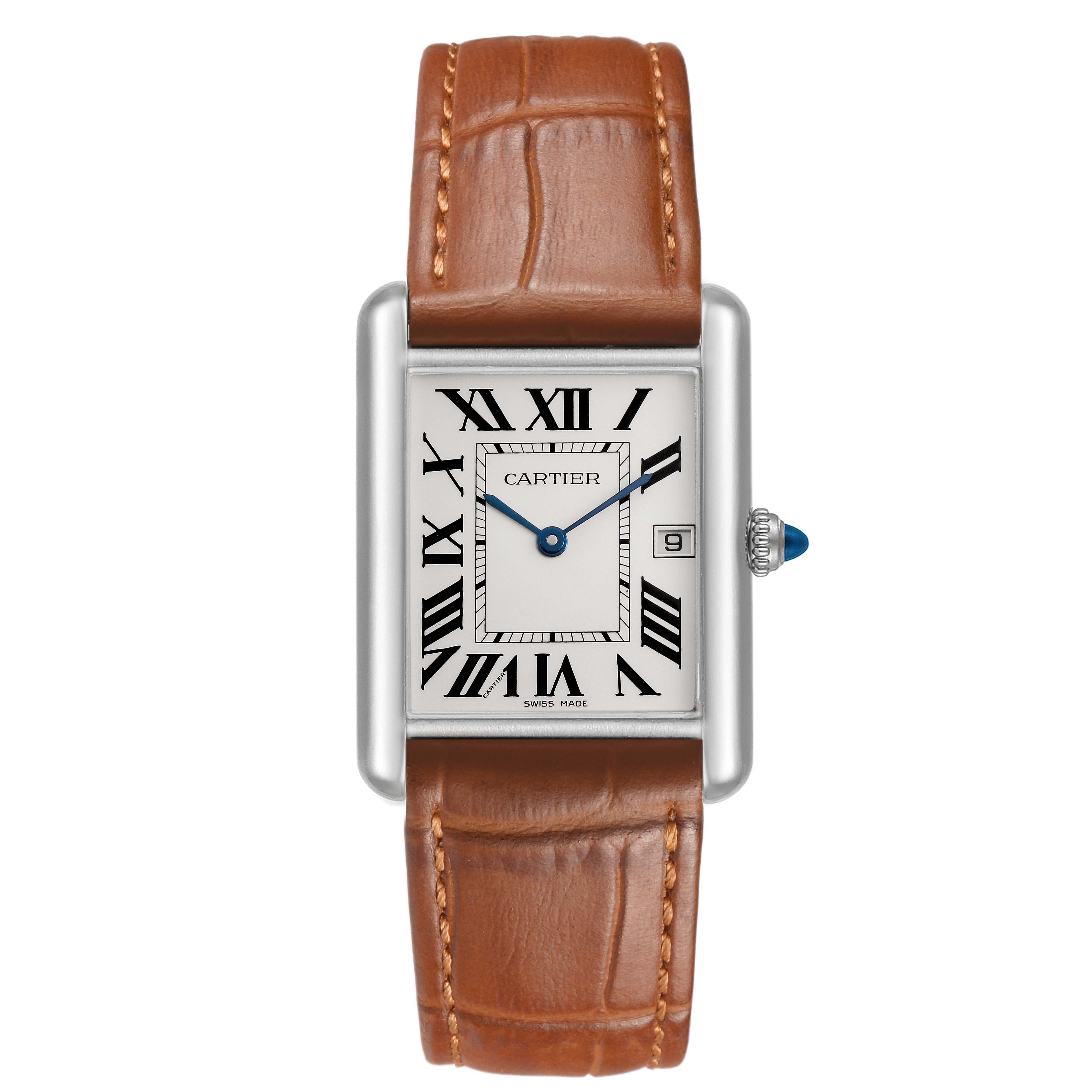 The Cartier Tank Louis W1540956 Men's White Gold Silver Dial watch is shown from a top-down view, highlighting its rectangular face, brown leather strap, and crown.