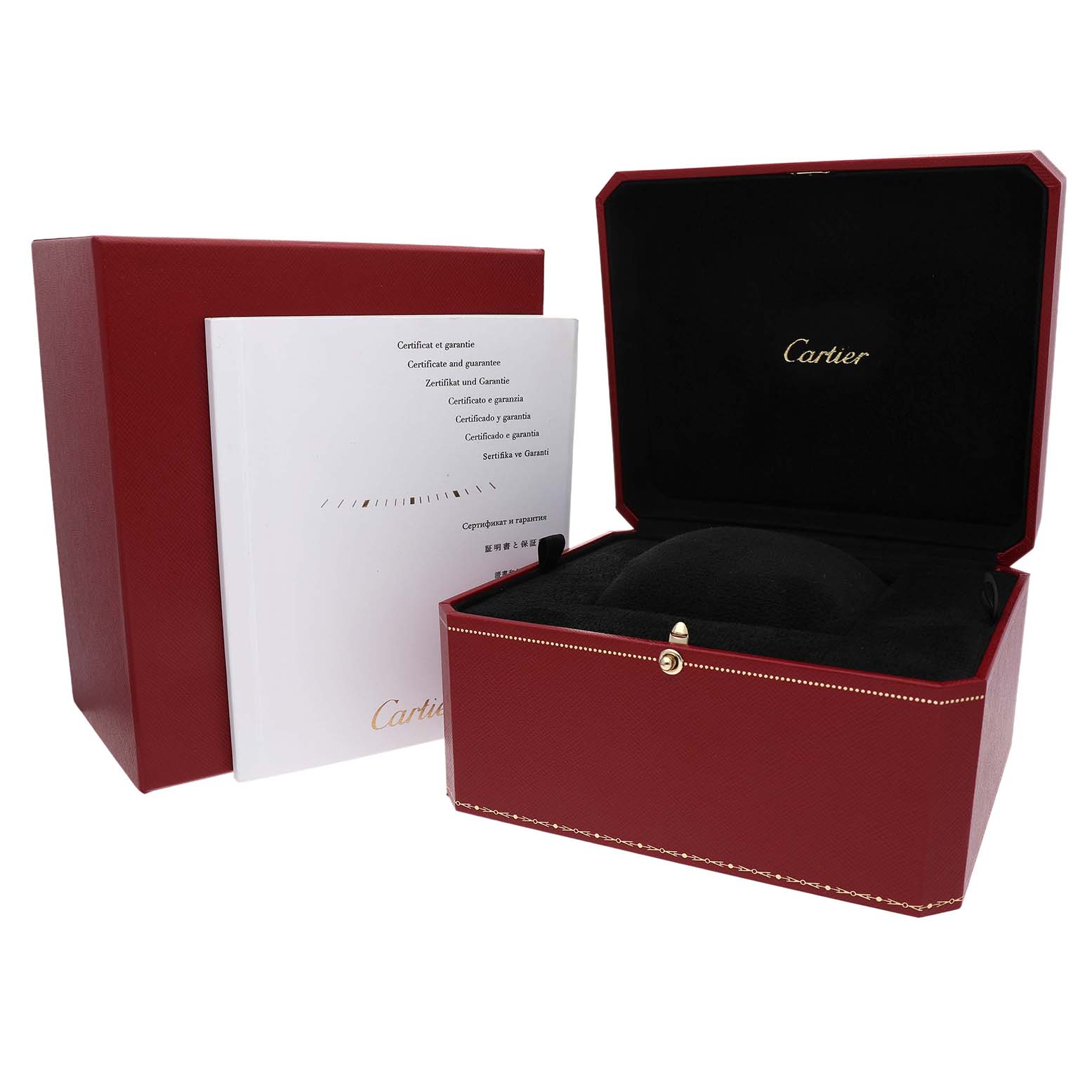 The image shows a Cartier Tank Louis W1540956 Men's White Gold Silver Dial watch box, open with a cushion inside, alongside a certificate booklet.