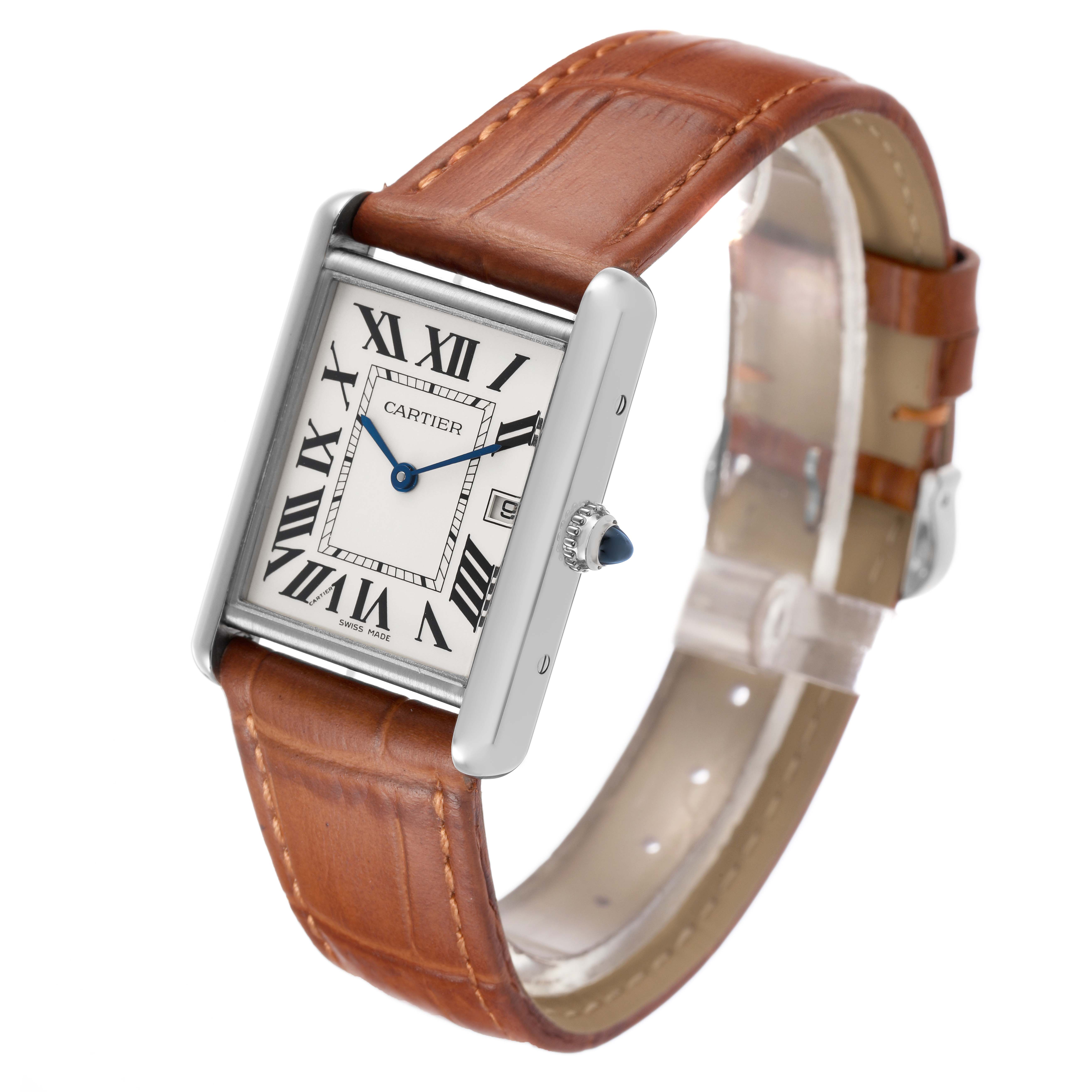 The Cartier Tank Louis W1540956 Men's White Gold Silver Dial watch is shown at a three-quarter angle displaying its rectangular face, brown strap, and crown.