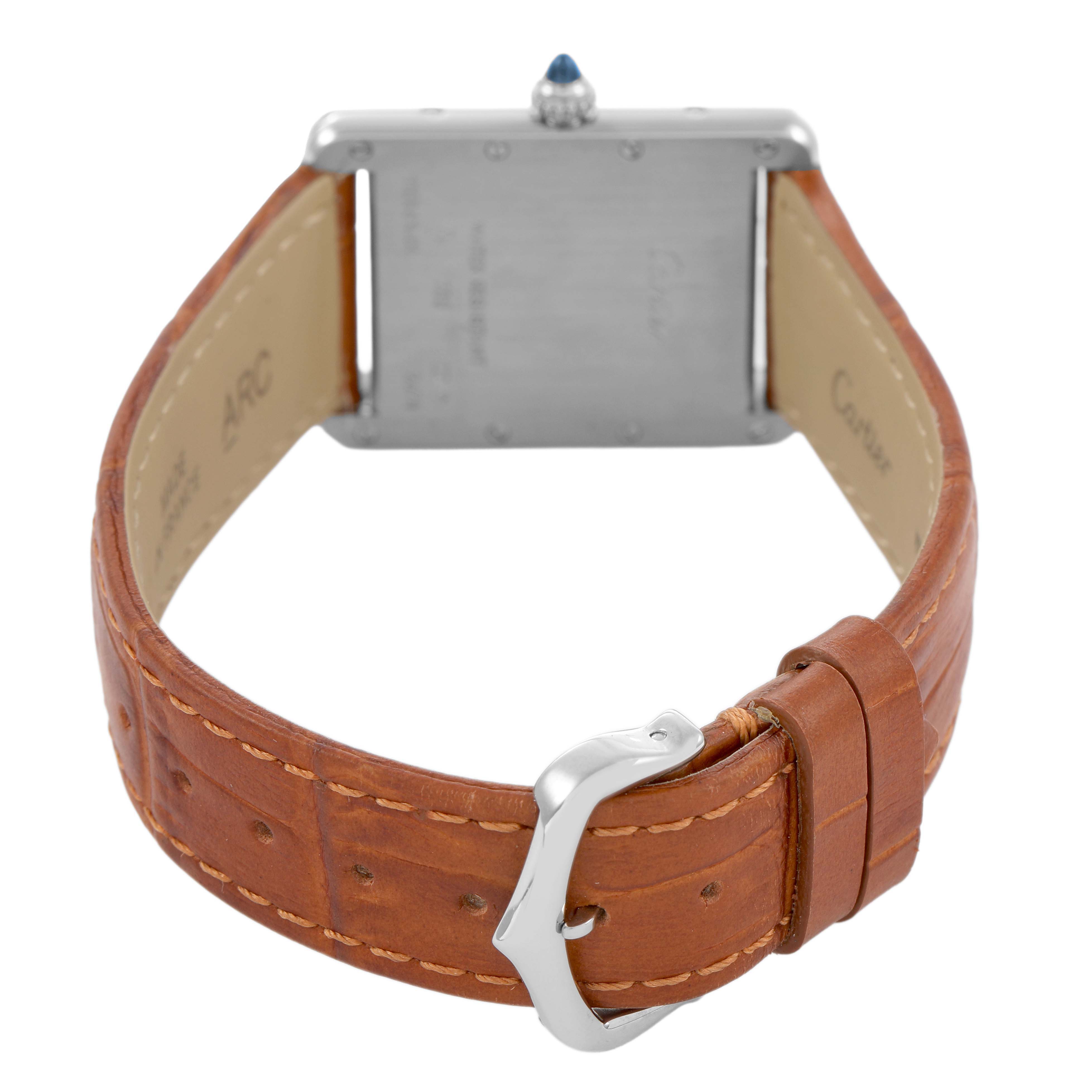 The image shows the back view of the Cartier Tank Louis W1540956 Men's White Gold Silver Dial watch and its tan leather strap and buckle.