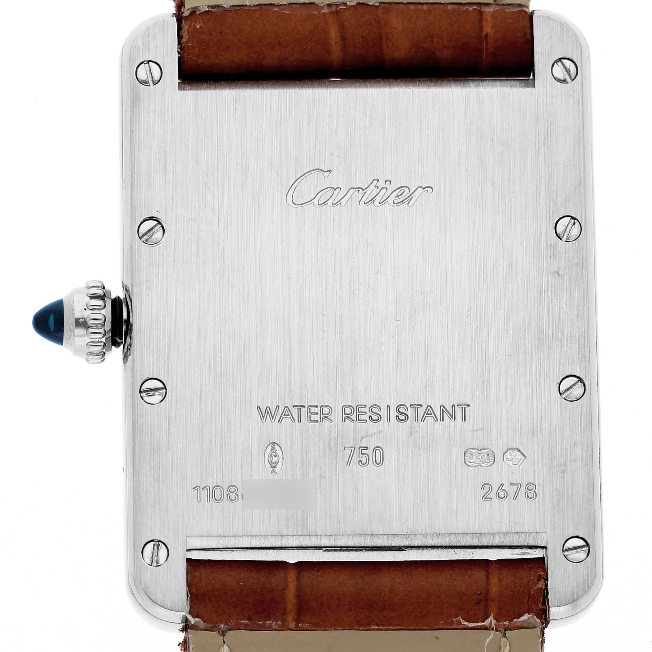 The image shows the back of a Cartier Tank Louis W1540956 Men's White Gold Silver Dial watch, highlighting its water resistance and serial details.