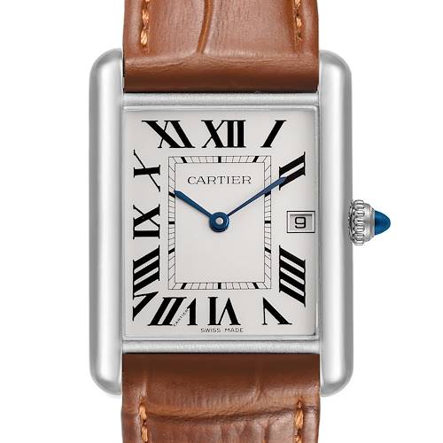 The Cartier Tank Louis W1540956 Men's White Gold Silver Dial watch is shown from the front, highlighting its rectangular face, Roman numerals, and leather strap.