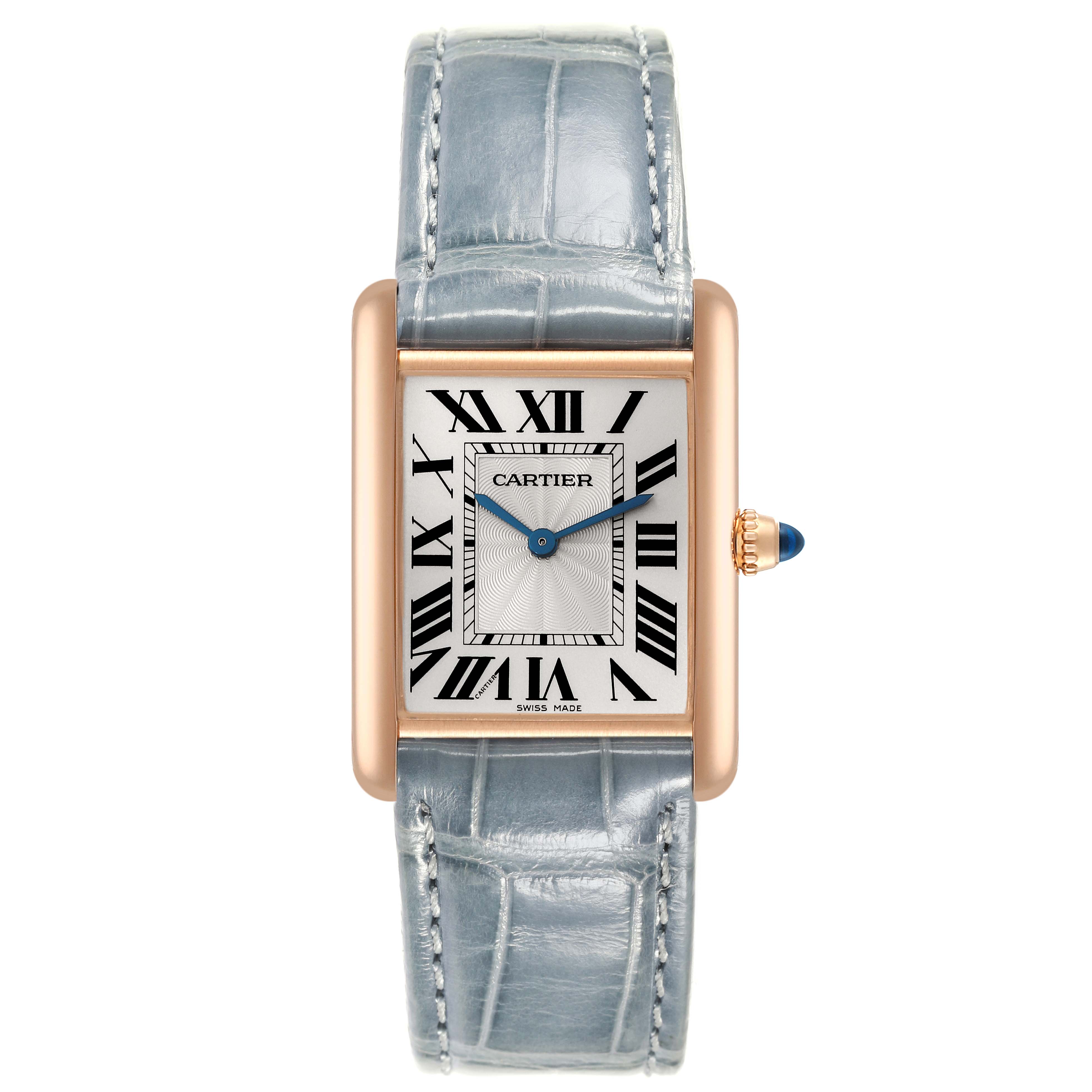 This image shows a frontal view of the Cartier Tank Louis WGTA0011 Men's Rose Gold Silver Dial WGTA0011 Men's Rose Gold Silver Dial watch, including its rectangular case, dial with Roman numerals, and leather strap.