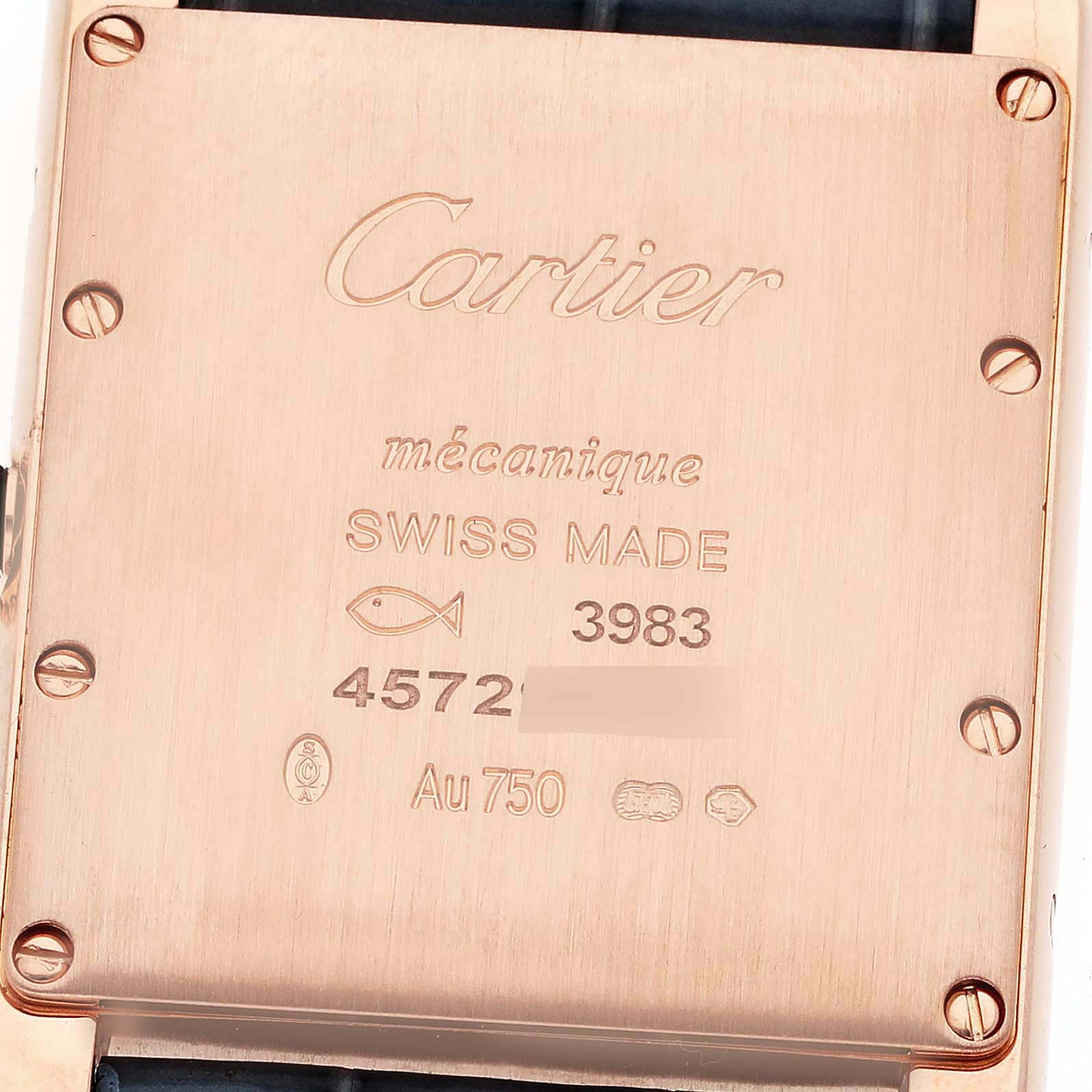 The image shows the back case of a Cartier Tank Louis WGTA0011 Men's Rose Gold Silver Dial WGTA0011 Men's Rose Gold Silver Dial watch, emphasizing its inscriptions and screws.