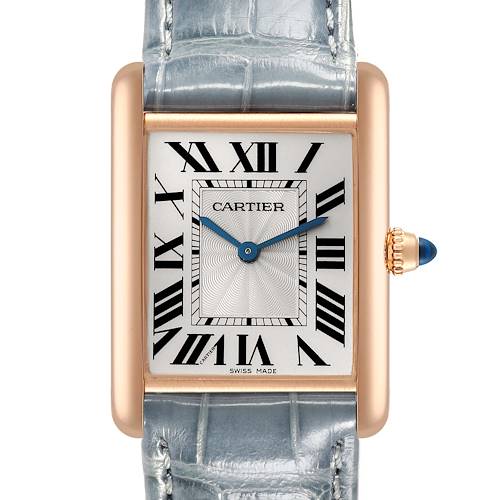 The image shows a head-on view of the Cartier Tank Louis watch with a light blue leather strap and a rectangular dial featuring Roman numerals.