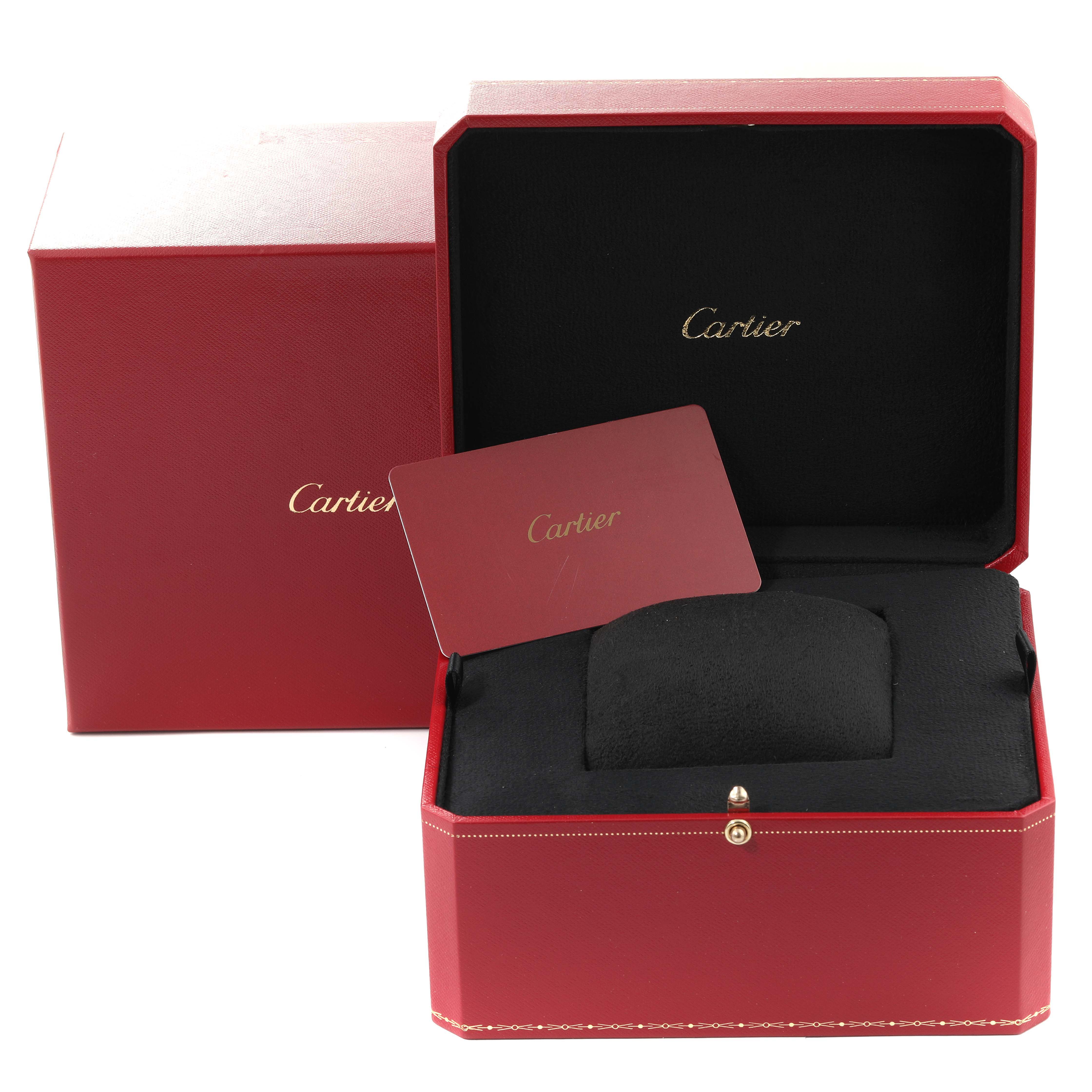 The image shows the red box and packaging for a Cartier Tank Louis WGTA0011 Men's Rose Gold Silver Dial WGTA0011 Men's Rose Gold Silver Dial model watch, including a black cushion and an authentication card.