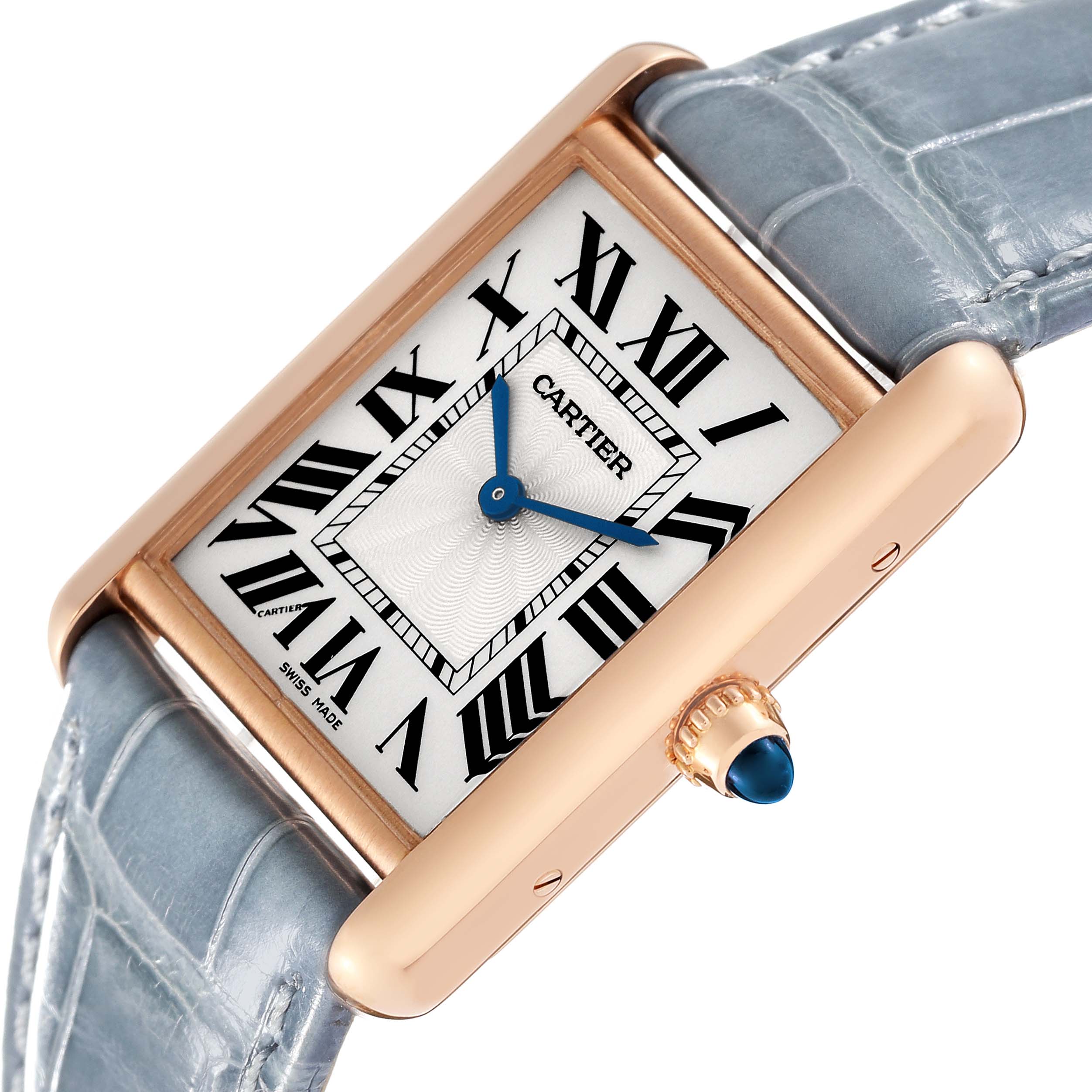 The image shows a close-up angle of the Cartier Tank Louis WGTA0011 Men's Rose Gold Silver Dial WGTA0011 Men's Rose Gold Silver Dial watch, highlighting the watch face, crown, and leather strap.