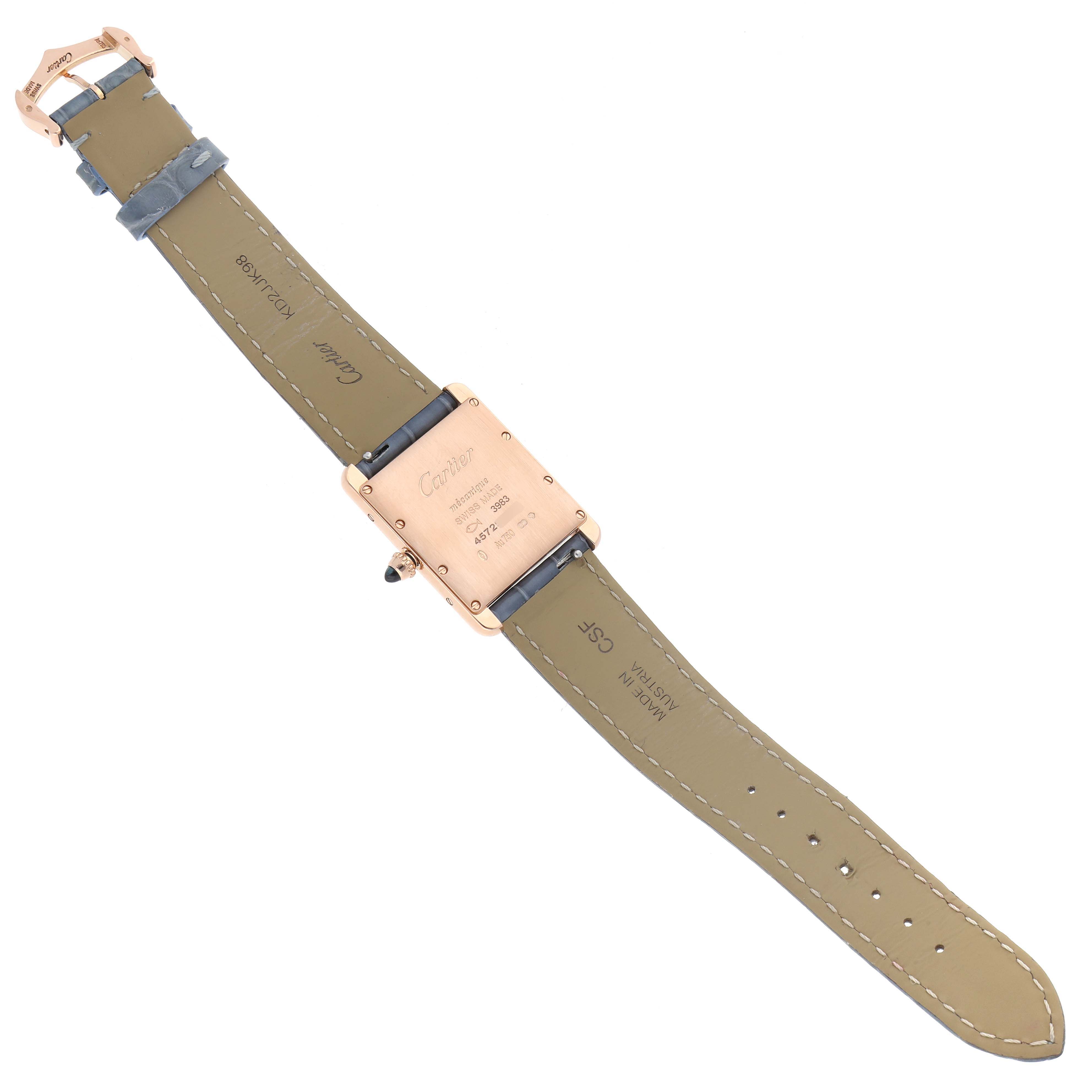 This image shows the back view of a Cartier Tank Louis WGTA0011 Men's Rose Gold Silver Dial WGTA0011 Men's Rose Gold Silver Dial model watch, focusing on the case back and leather strap.