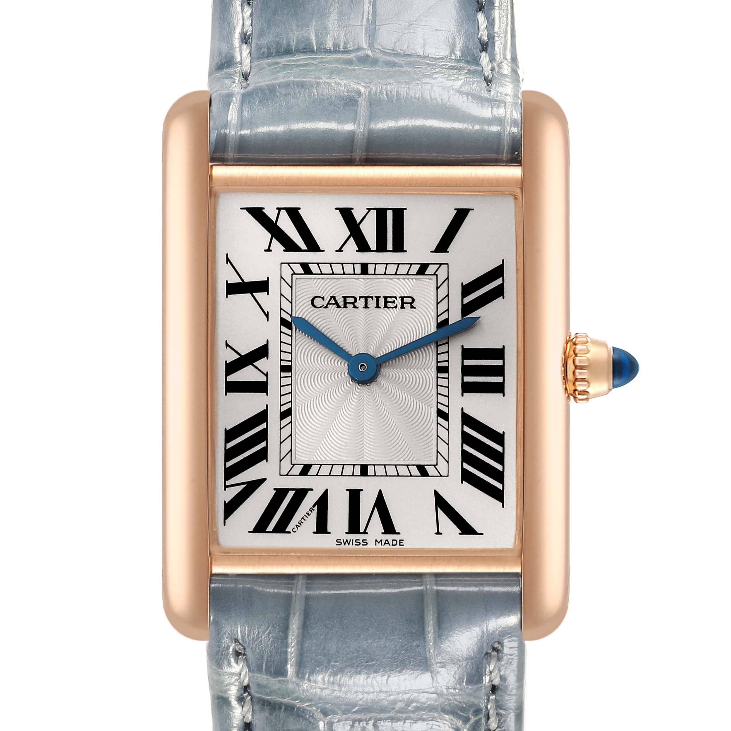 The image shows a front view of the Cartier Tank Louis WGTA0011 Men's Rose Gold Silver Dial WGTA0011 Men's Rose Gold Silver Dial watch, highlighting the dial, Roman numerals, blue hands, and part of the strap.