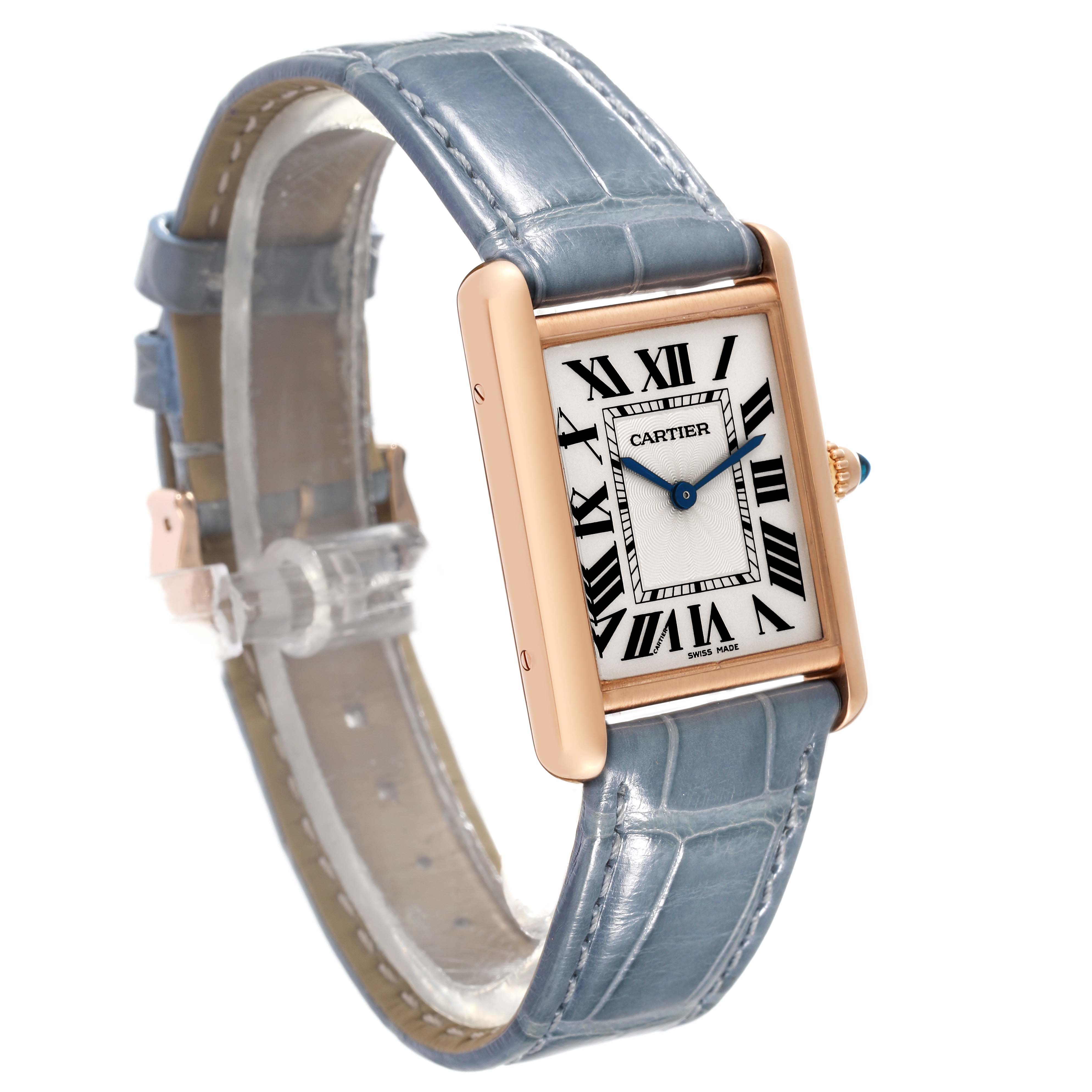 This image shows a Cartier Tank Louis WGTA0011 Men's Rose Gold Silver Dial WGTA0011 Men's Rose Gold Silver Dial watch at a slight angle, highlighting the face, Roman numerals, hands, case, and strap.