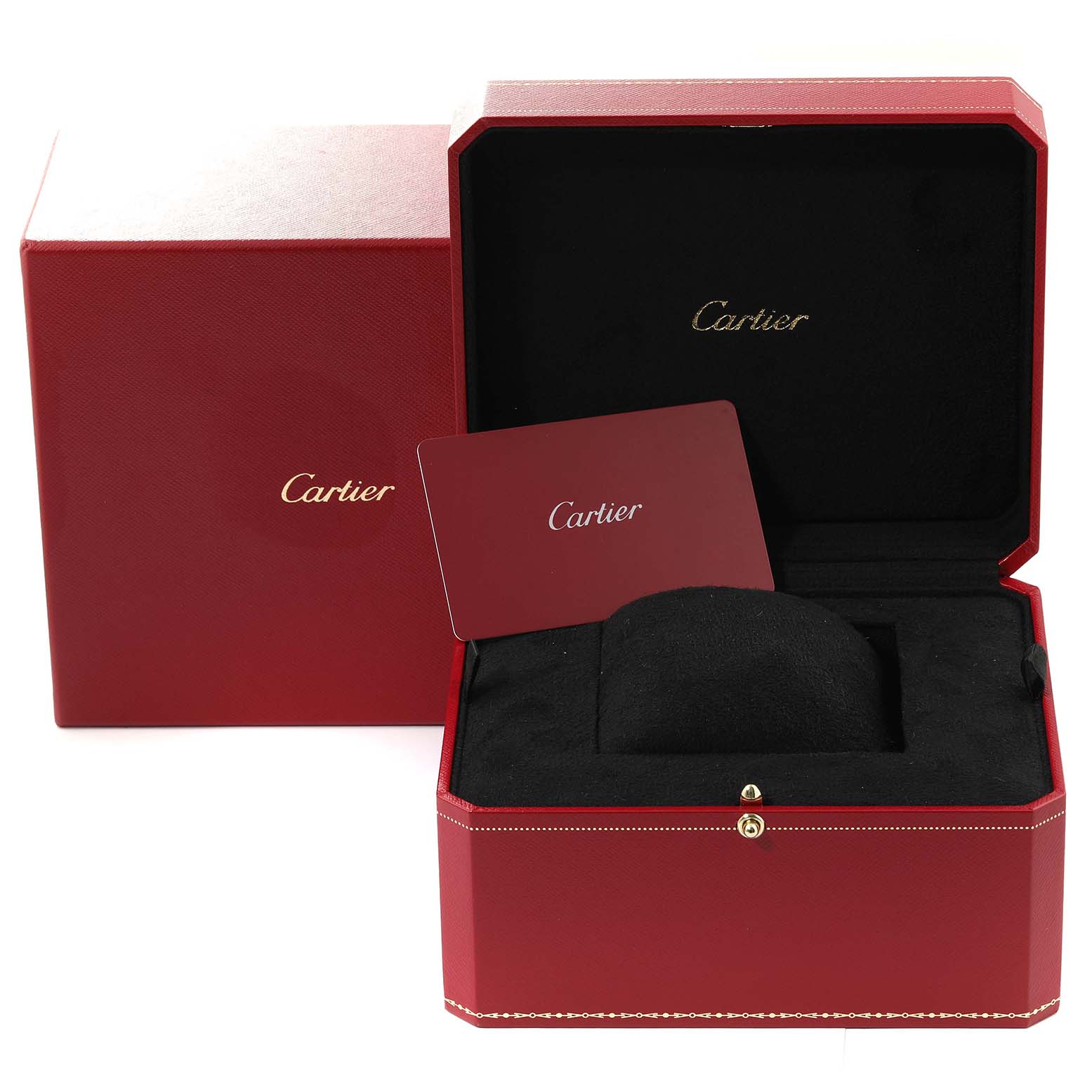 The image shows the packaging and accessories for a Cartier Tank Louis W1529756 Men's Yellow Gold Silver Dial W1529756 Men's Yellow Gold Silver Dial watch, including a red box, black velvet interior, and a card.