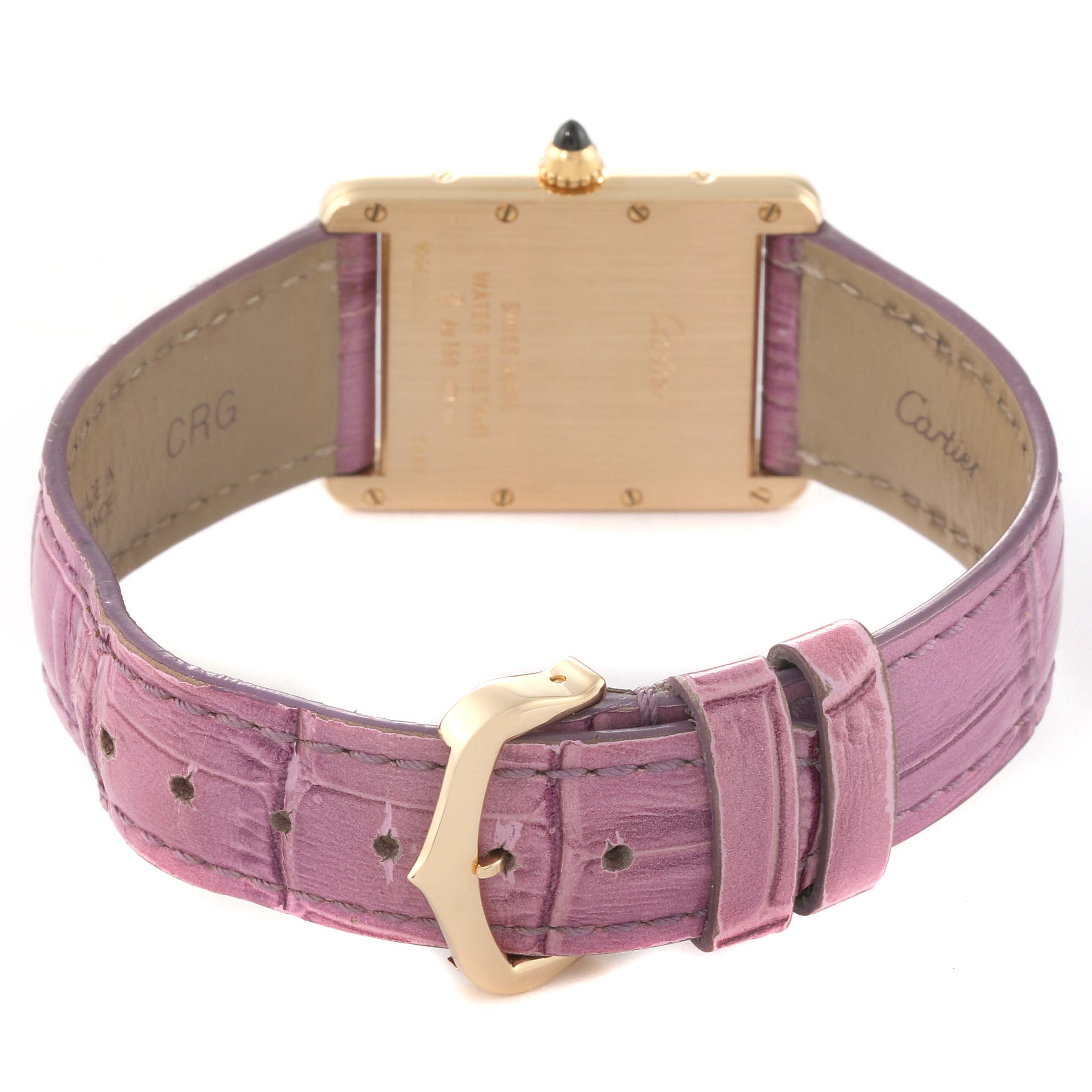The image shows the back view of a Cartier Tank Louis W1529756 Men's Yellow Gold Silver Dial W1529756 Men's Yellow Gold Silver Dial watch with a purple leather strap and gold buckle.