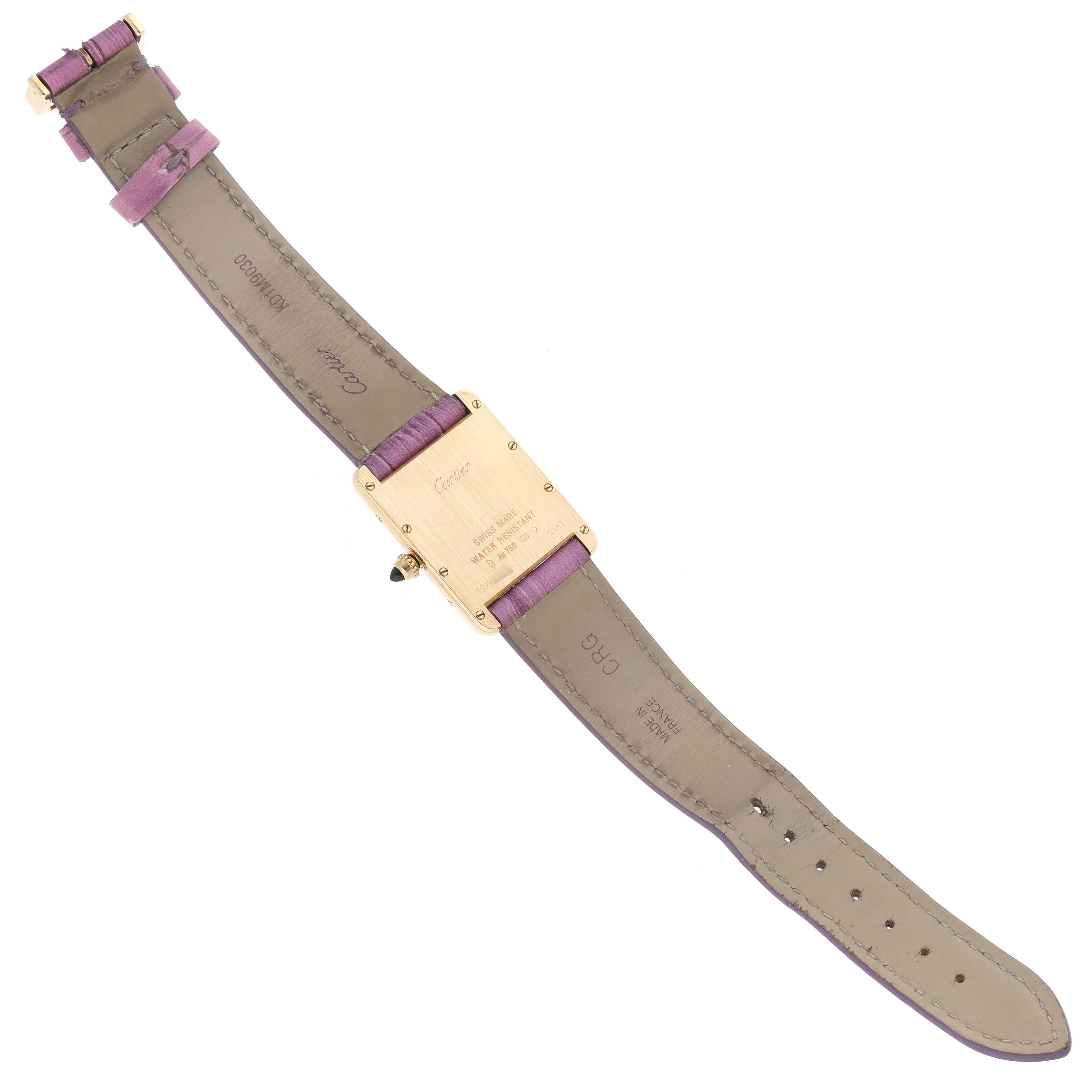 The image shows the back view of the Cartier Tank Louis W1529756 Men's Yellow Gold Silver Dial W1529756 Men's Yellow Gold Silver Dial watch, highlighting its case, strap, and buckle.