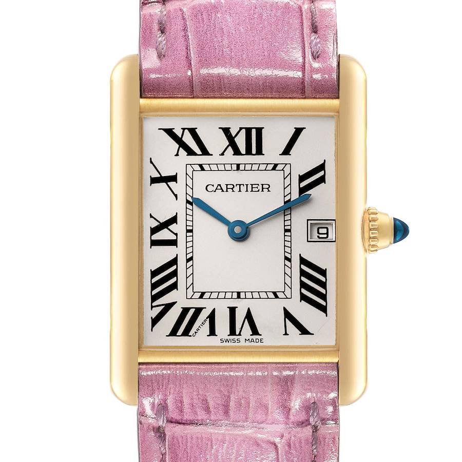 This image shows a close-up of the Tank Louis watch by Cartier, highlighting its face, hands, date window, and part of the pink strap.