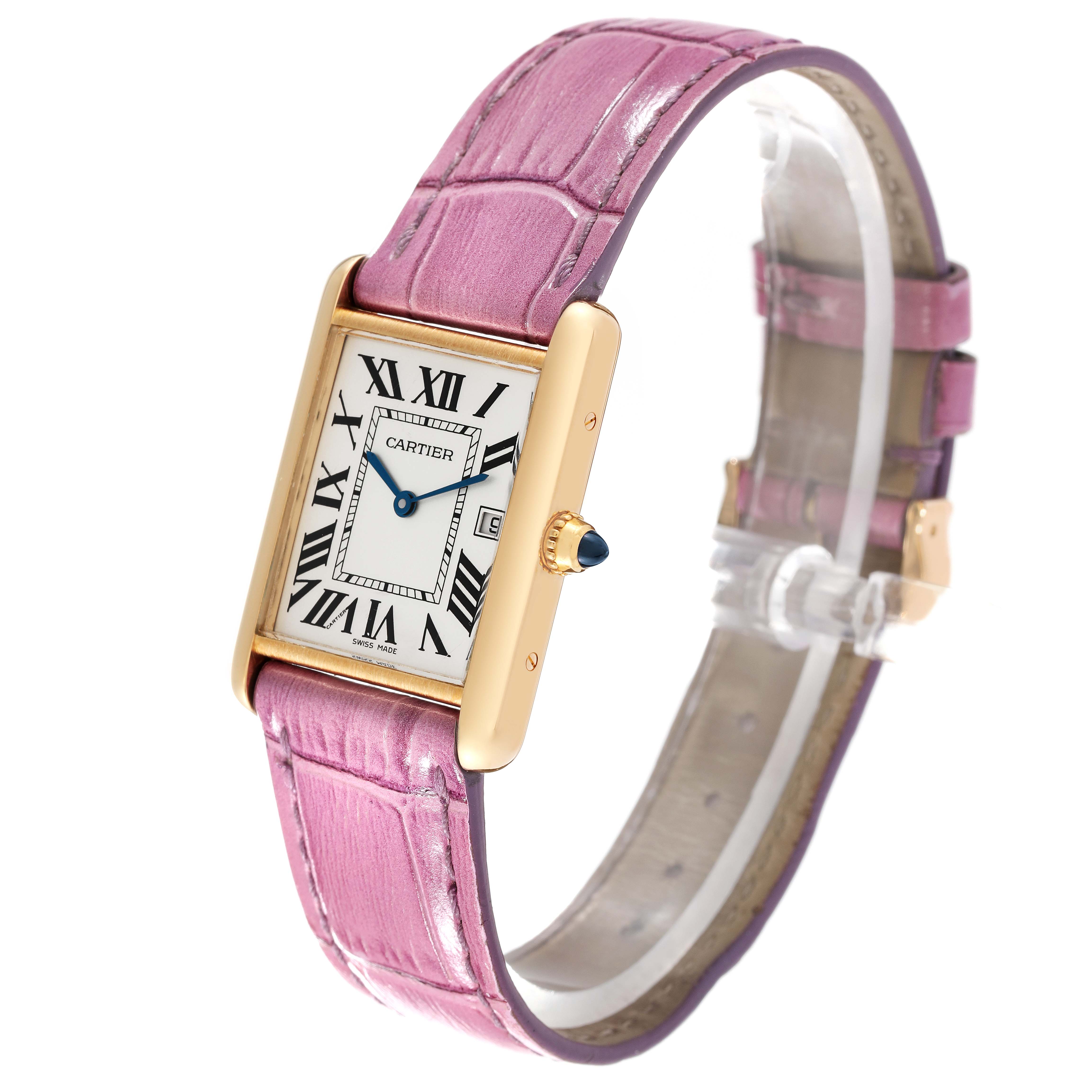The image shows a Cartier Tank Louis W1529756 Men's Yellow Gold Silver Dial W1529756 Men's Yellow Gold Silver Dial watch at a three-quarter angle, highlighting the dial, case, and pink leather strap.