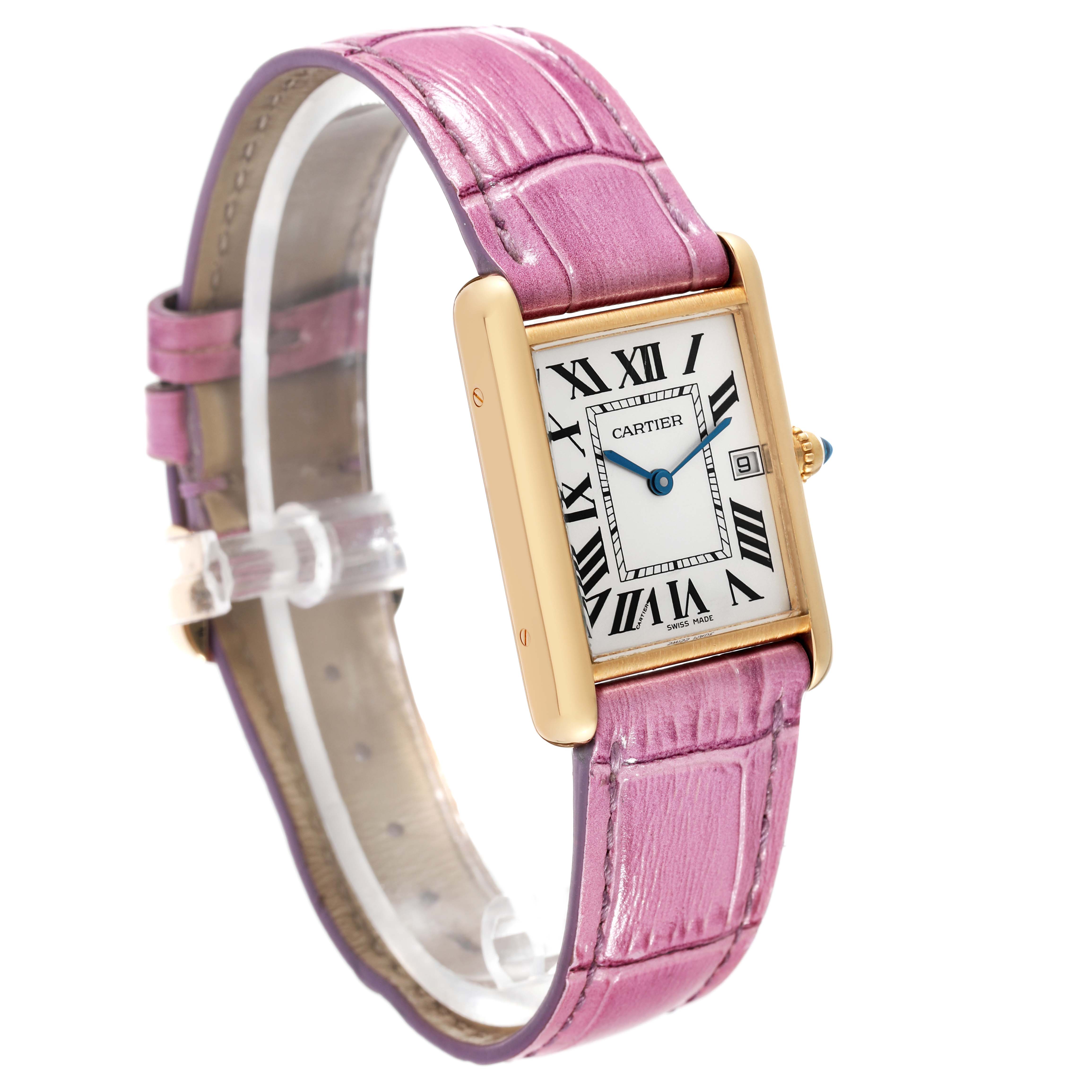 The image shows a Cartier Tank Louis W1529756 Men's Yellow Gold Silver Dial W1529756 Men's Yellow Gold Silver Dial watch at a three-quarter view, highlighting its pink strap and rectangular face.