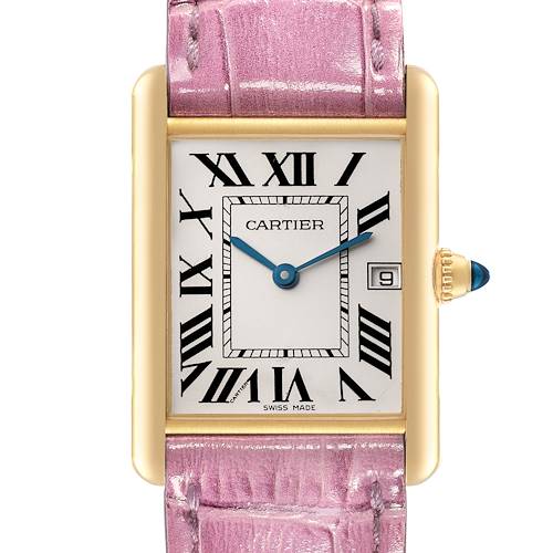 This image shows a frontal view of the Cartier Tank Louis watch, highlighting its dial, rectangular case, and pink leather strap.