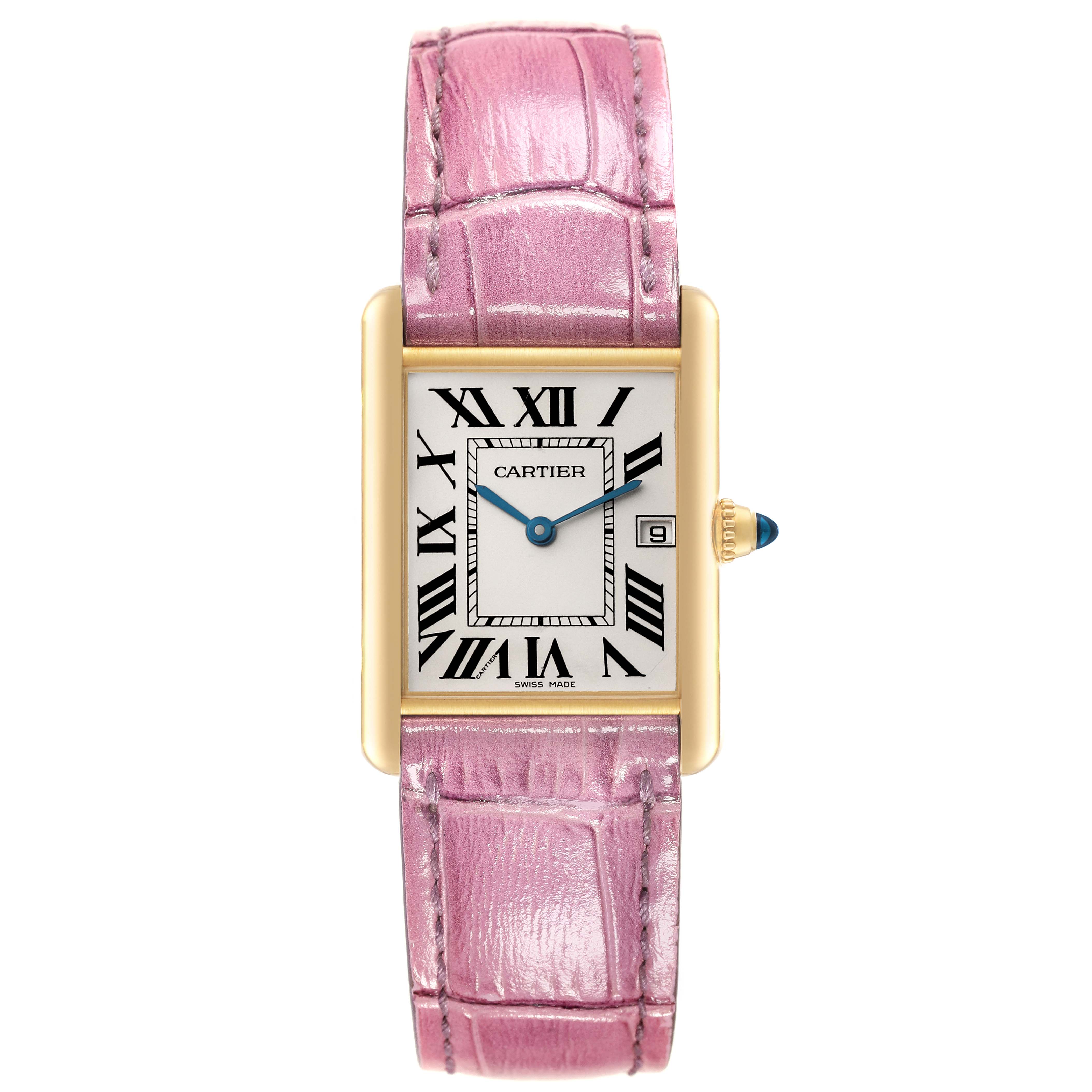The image shows a front view of the Cartier Tank Louis W1529756 Men's Yellow Gold Silver Dial W1529756 Men's Yellow Gold Silver Dial watch with a pink strap and gold case.