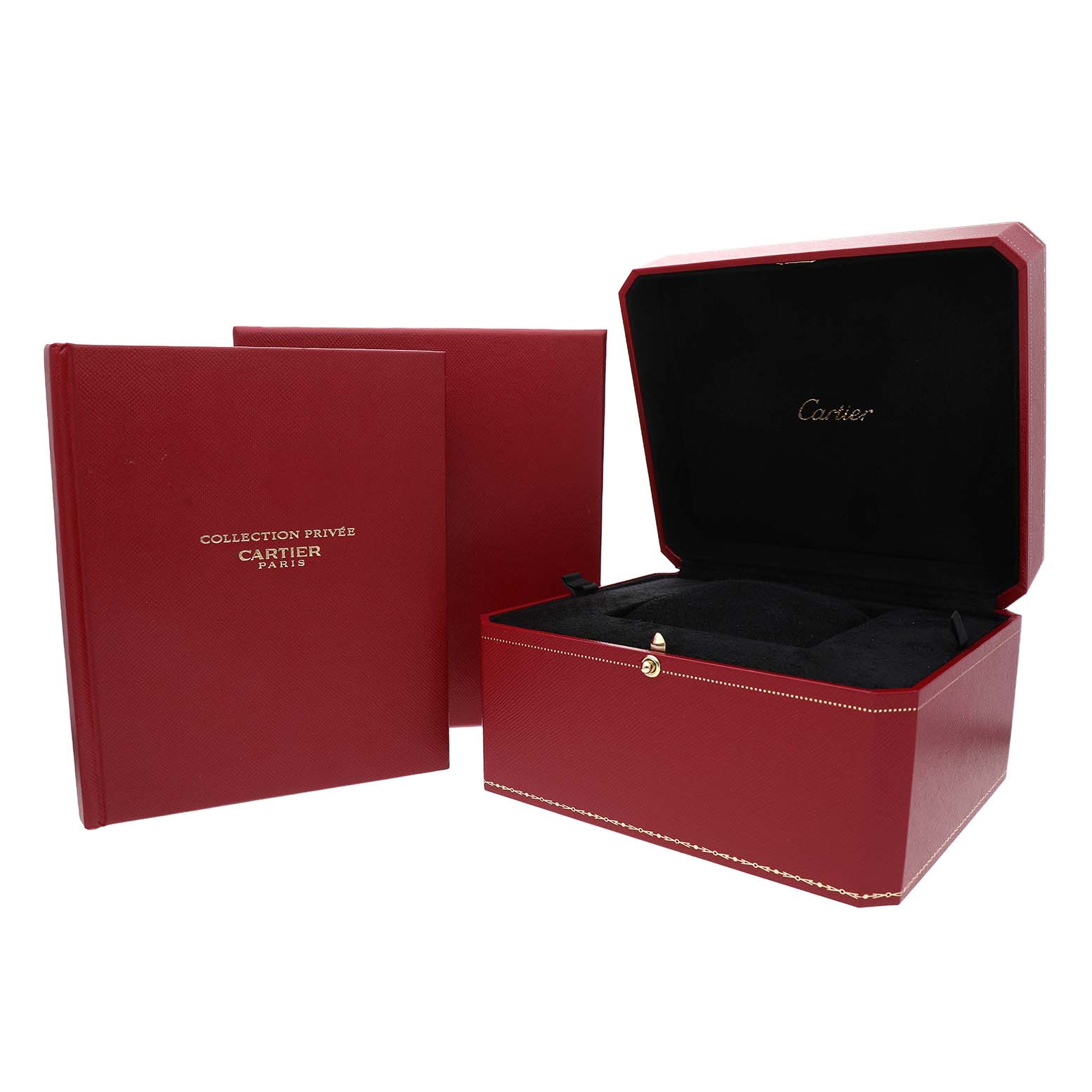 The image shows a red Cartier box and booklet for the Tortue model, with the box open and lined with black material.