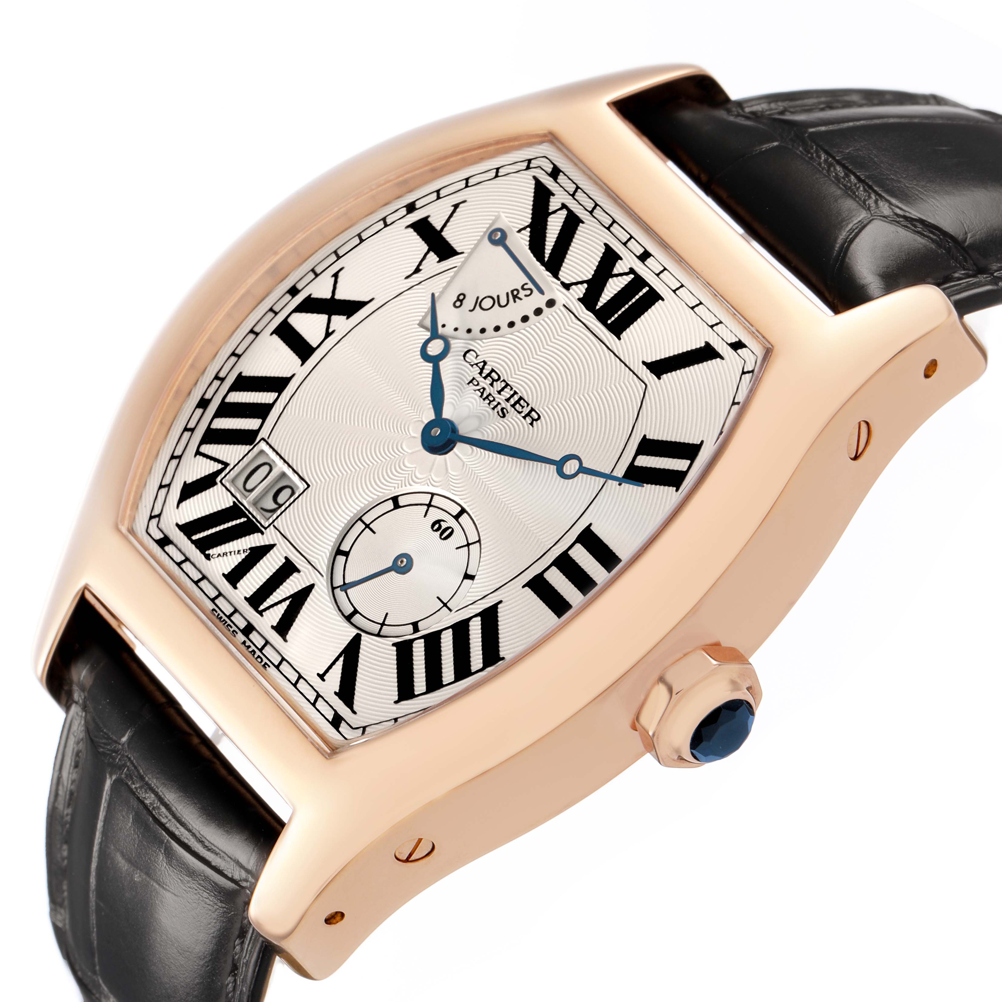 The Cartier Tortue W1545851 Men's Rose Gold Silver Dial watch is shown at a side angle, highlighting the dial, crown, case, and leather strap.