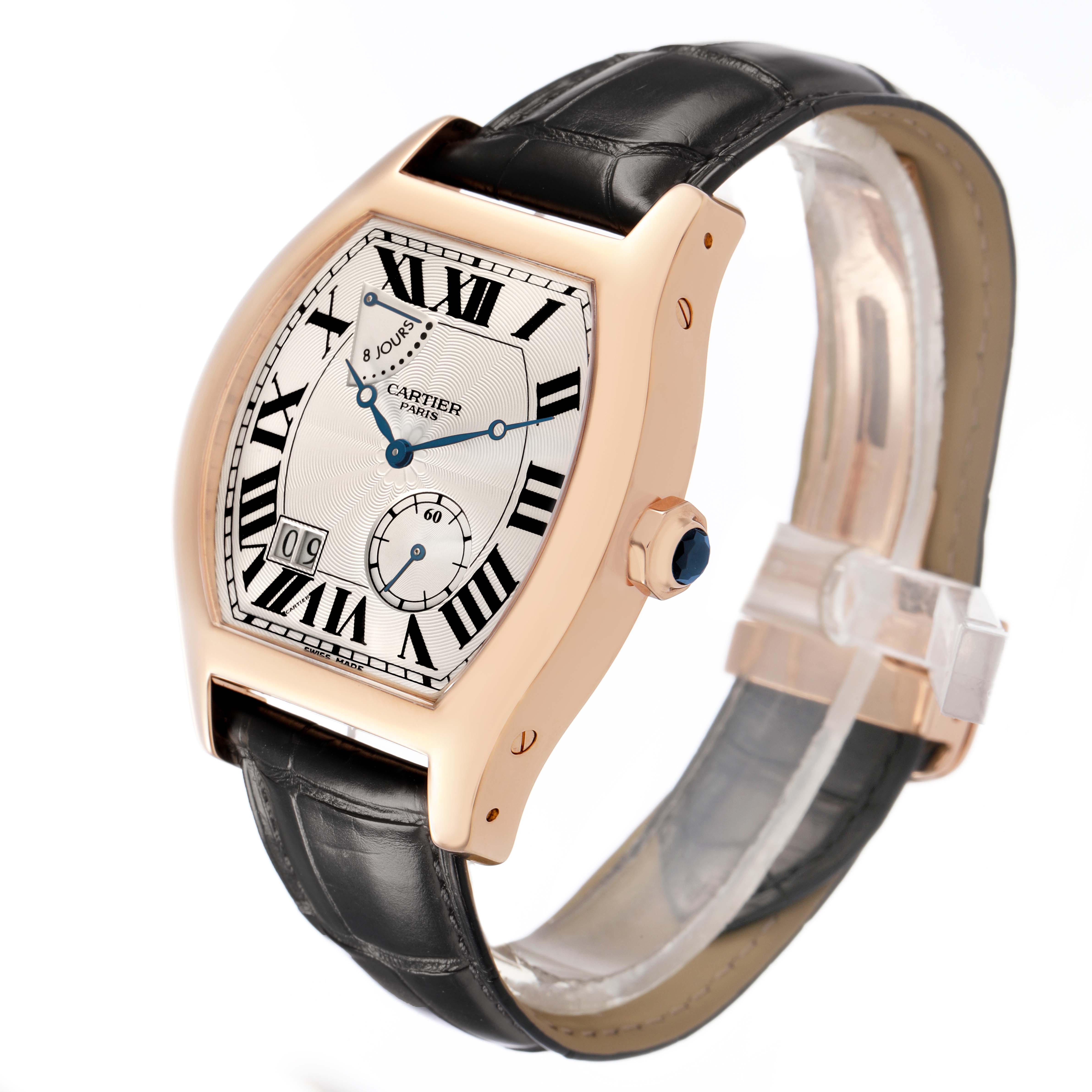 The Cartier Tortue W1545851 Men's Rose Gold Silver Dial model watch is shown from a three-quarter angle, highlighting the face, Roman numerals, and crown with a cabochon.