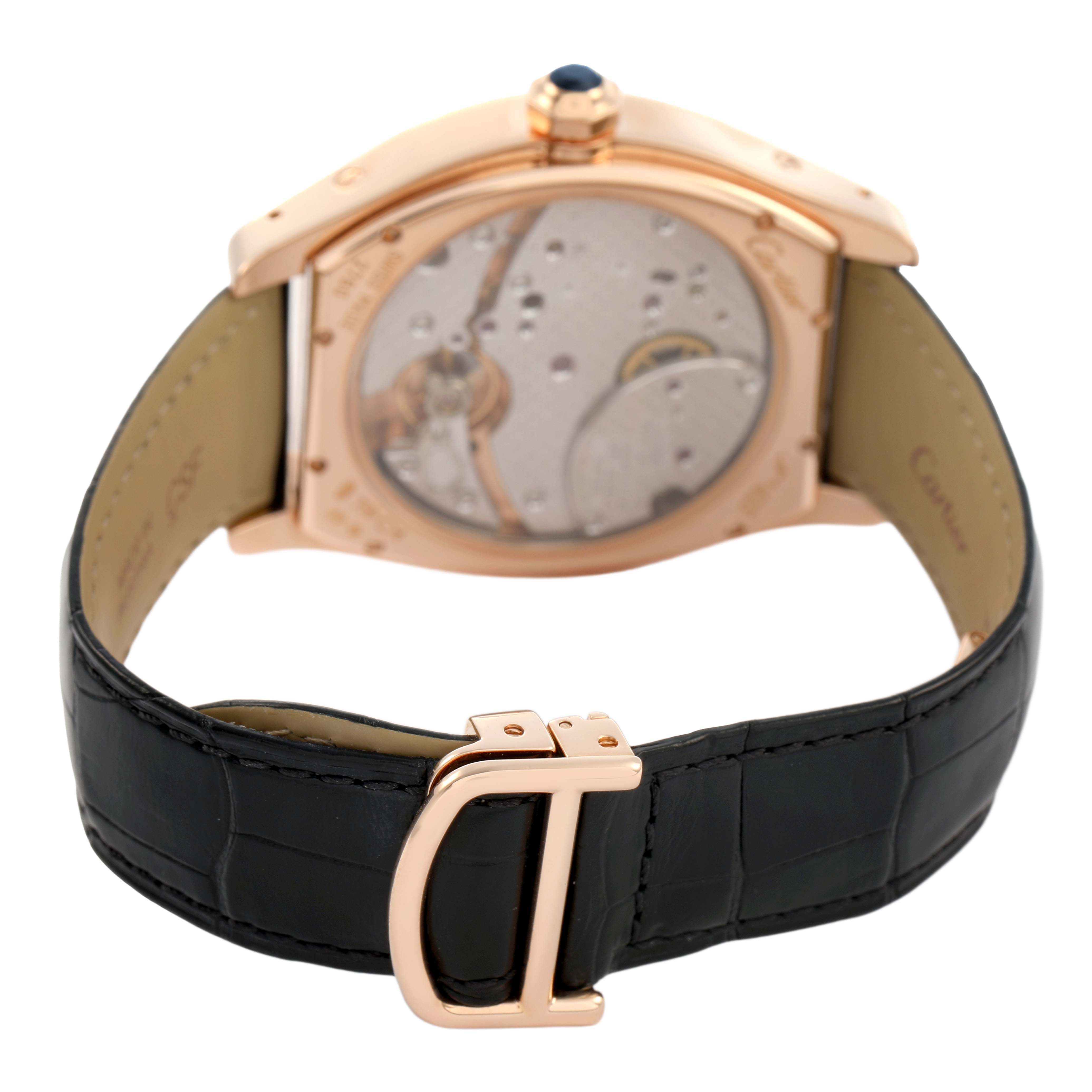 The image shows the back view of the Cartier Tortue W1545851 Men's Rose Gold Silver Dial watch, highlighting its movement and black leather strap.