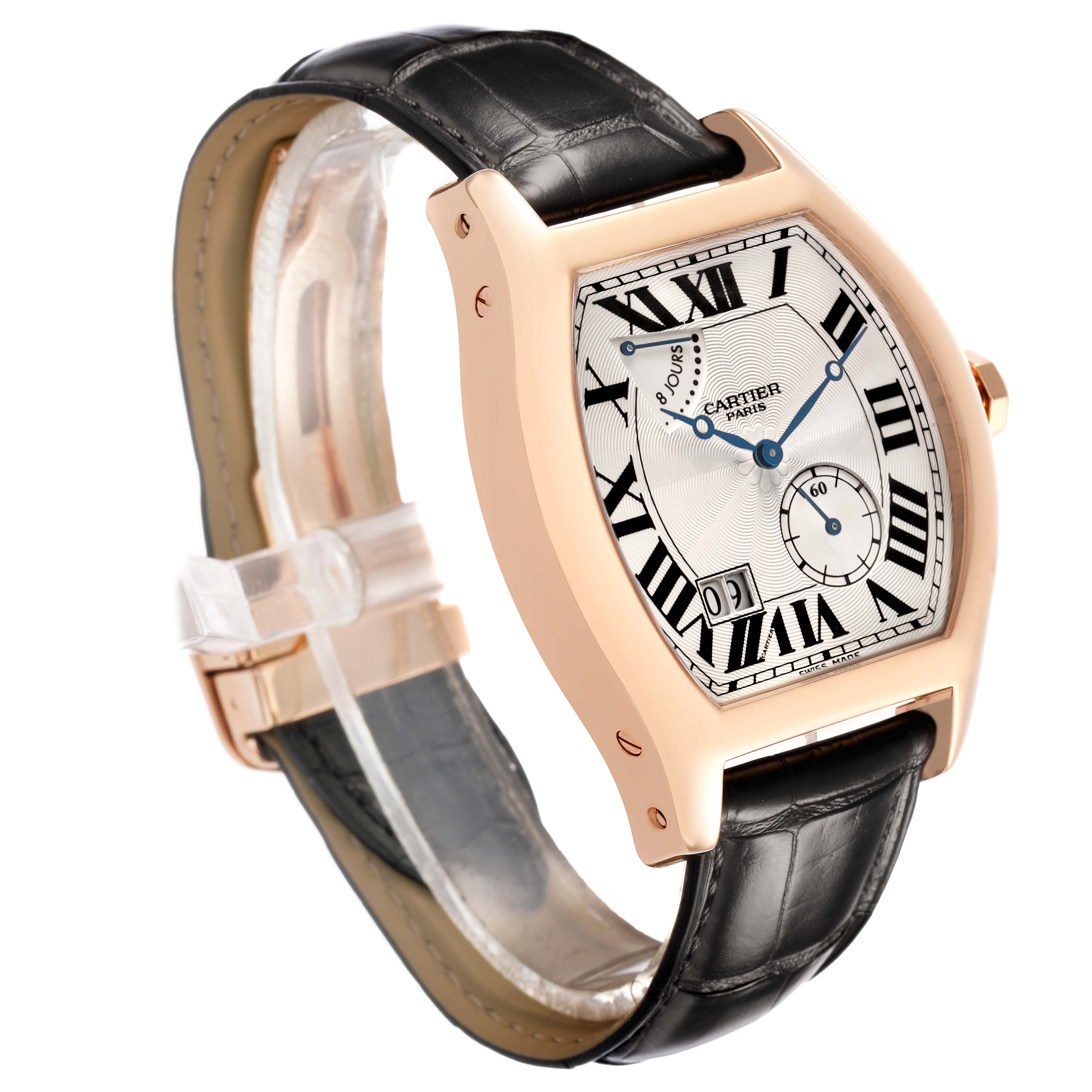 The Cartier Tortue W1545851 Men's Rose Gold Silver Dial watch is shown at an oblique angle, highlighting its face, crown, and black leather strap.