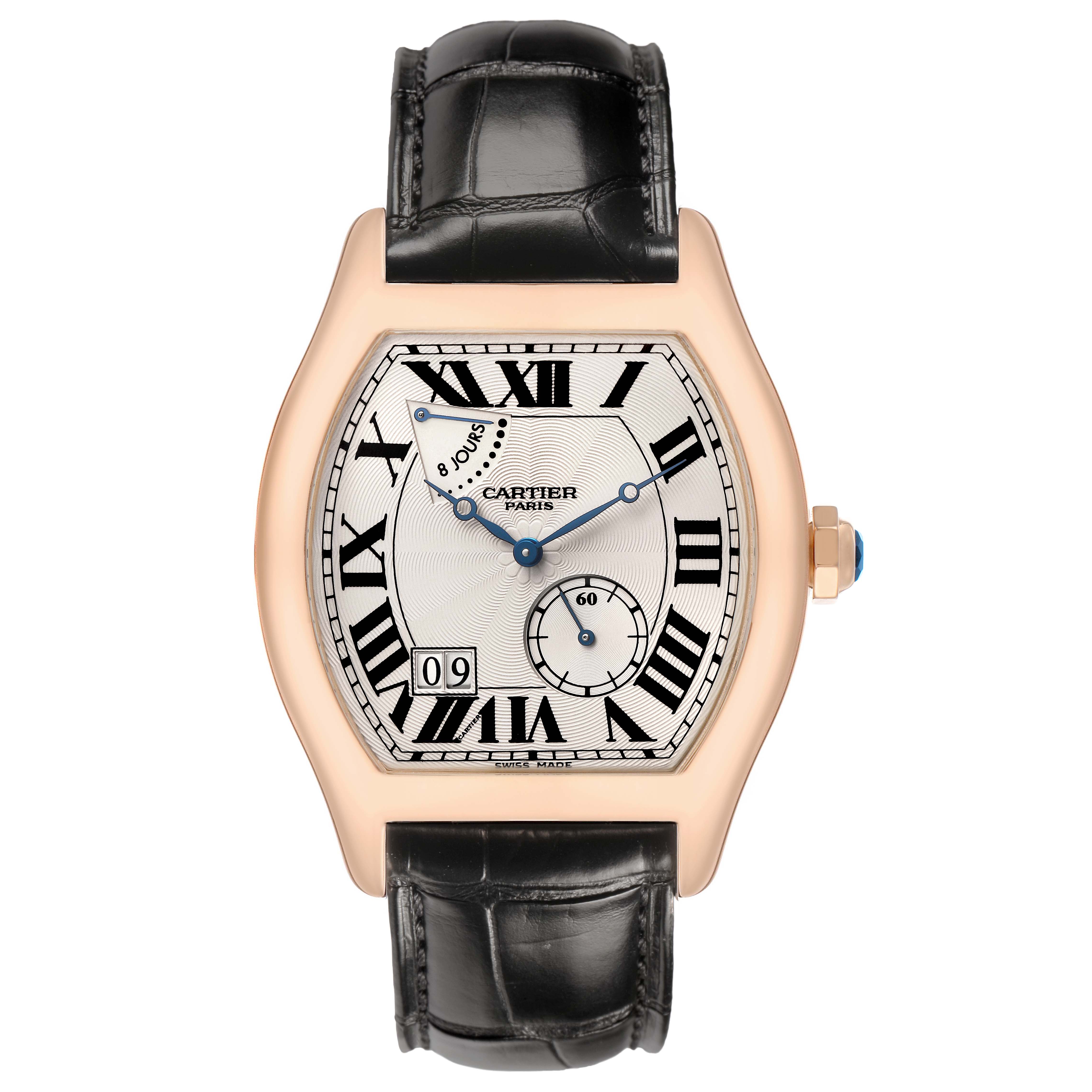The Cartier Tortue W1545851 Men's Rose Gold Silver Dial watch is shown from a top view, displaying its dial, Roman numerals, and leather strap.