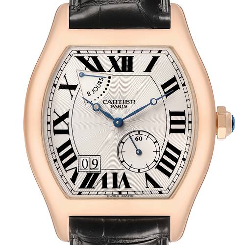 The Cartier Tortue W1545851 Men's Rose Gold Silver Dial watch is shown from a front angle, highlighting its dial, Roman numerals, hands, and crown.