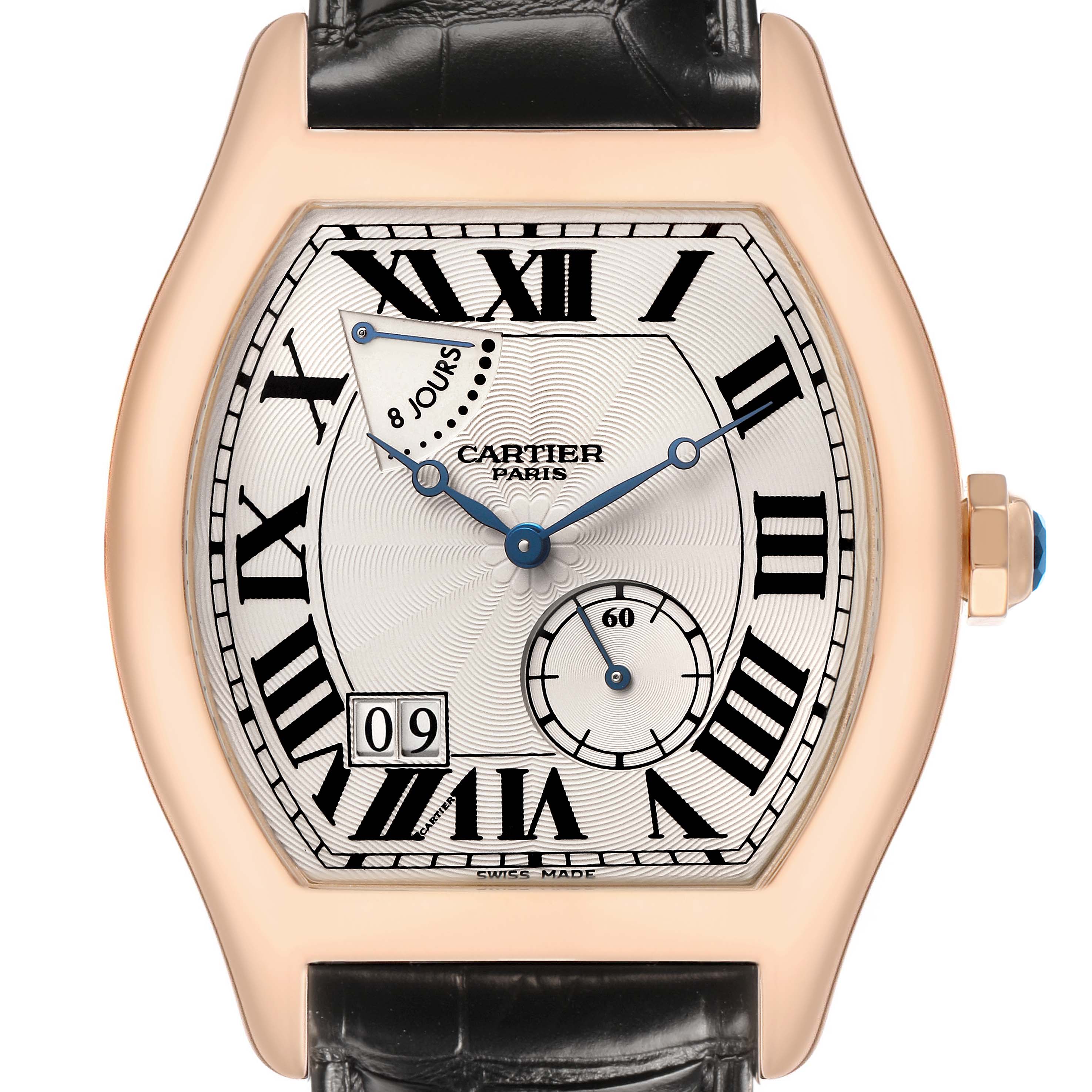 The Cartier Tortue W1545851 Men's Rose Gold Silver Dial watch is shown from a front angle, highlighting its dial, Roman numerals, and the black leather strap.