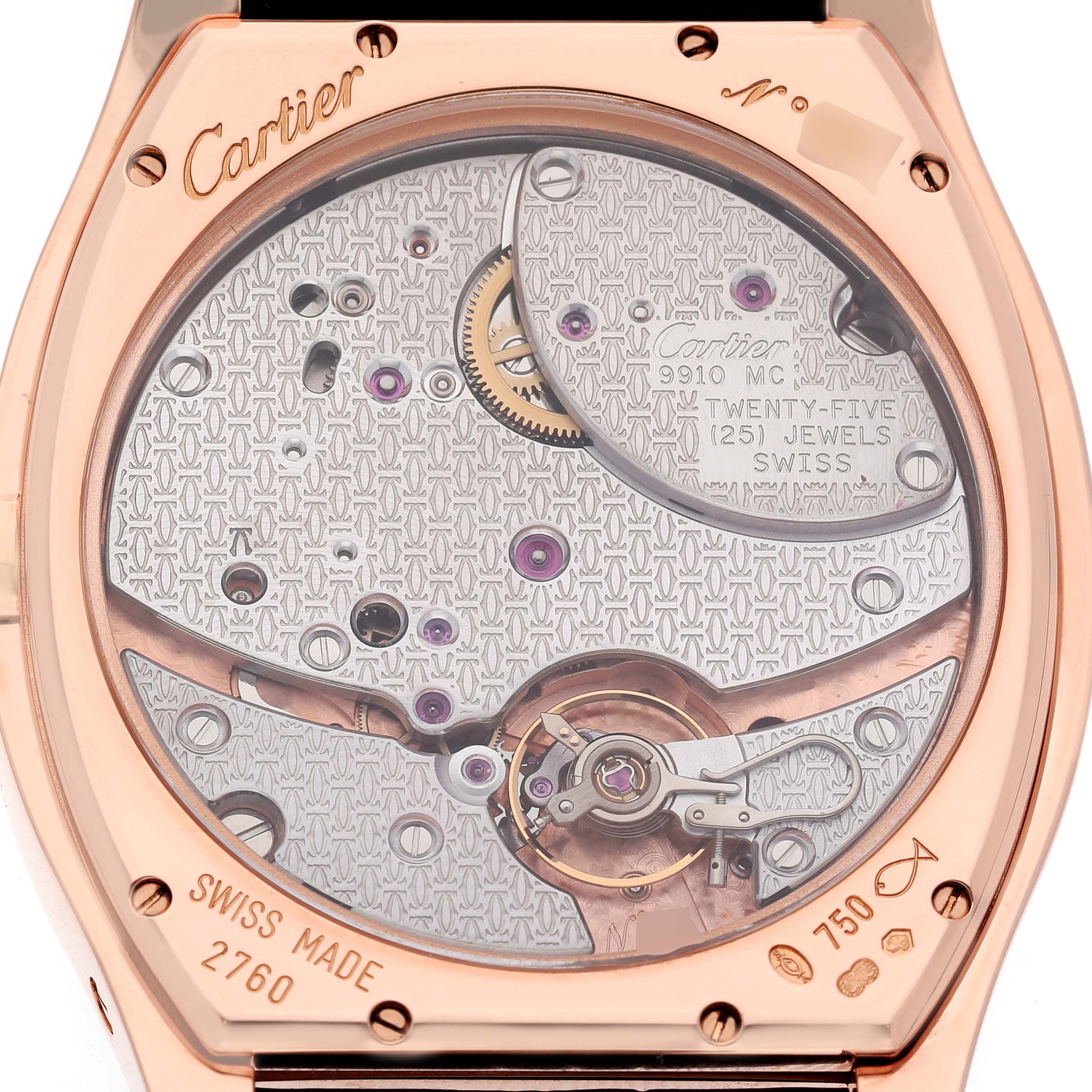 This image shows the back of a Cartier Tortue W1545851 Men's Rose Gold Silver Dial watch, highlighting its intricate movement and engraved details.