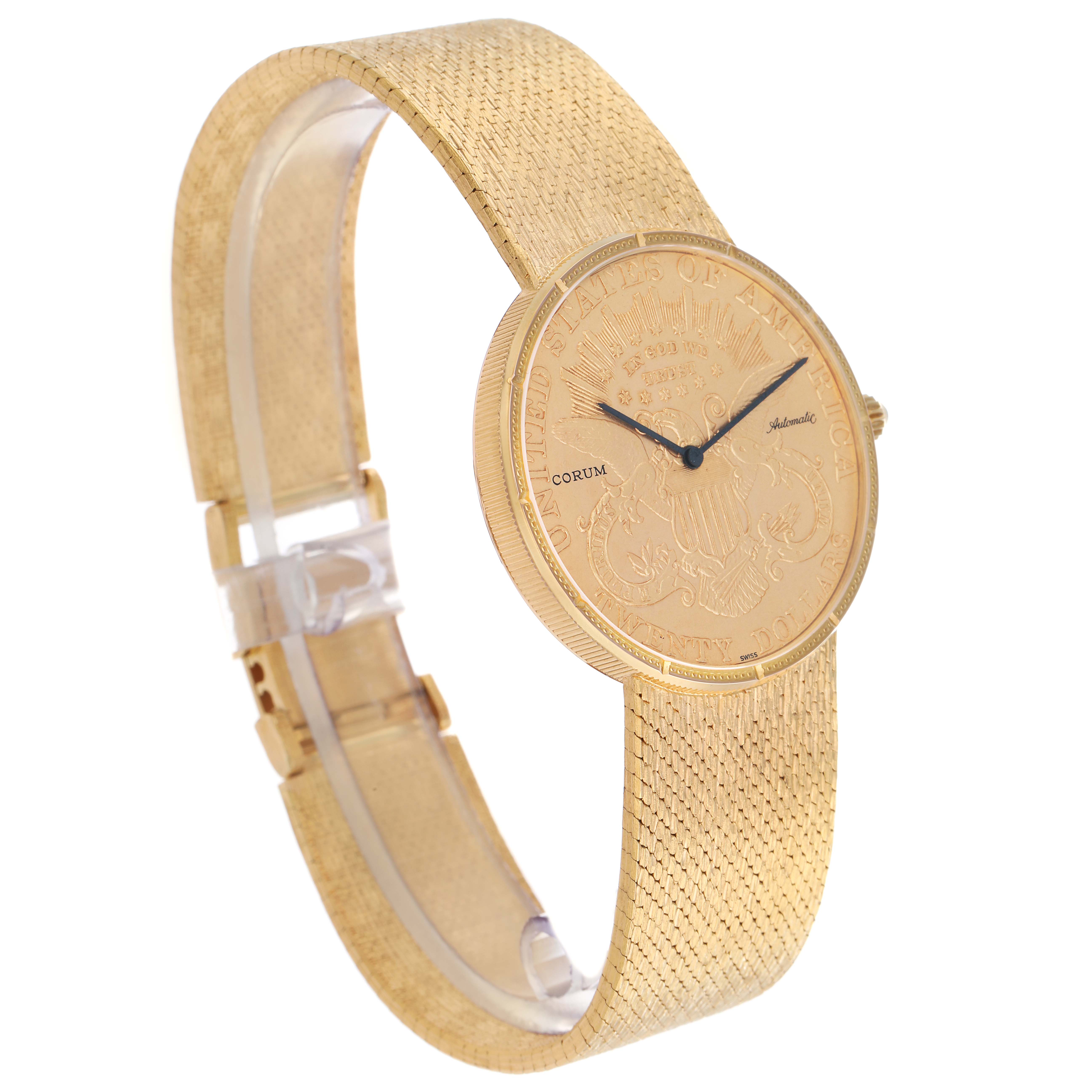 The Corum Coin Watch Men
s Yellow Gold Black Dial model is shown at a three-quarter angle emphasizing its detailed dial and textured gold strap.