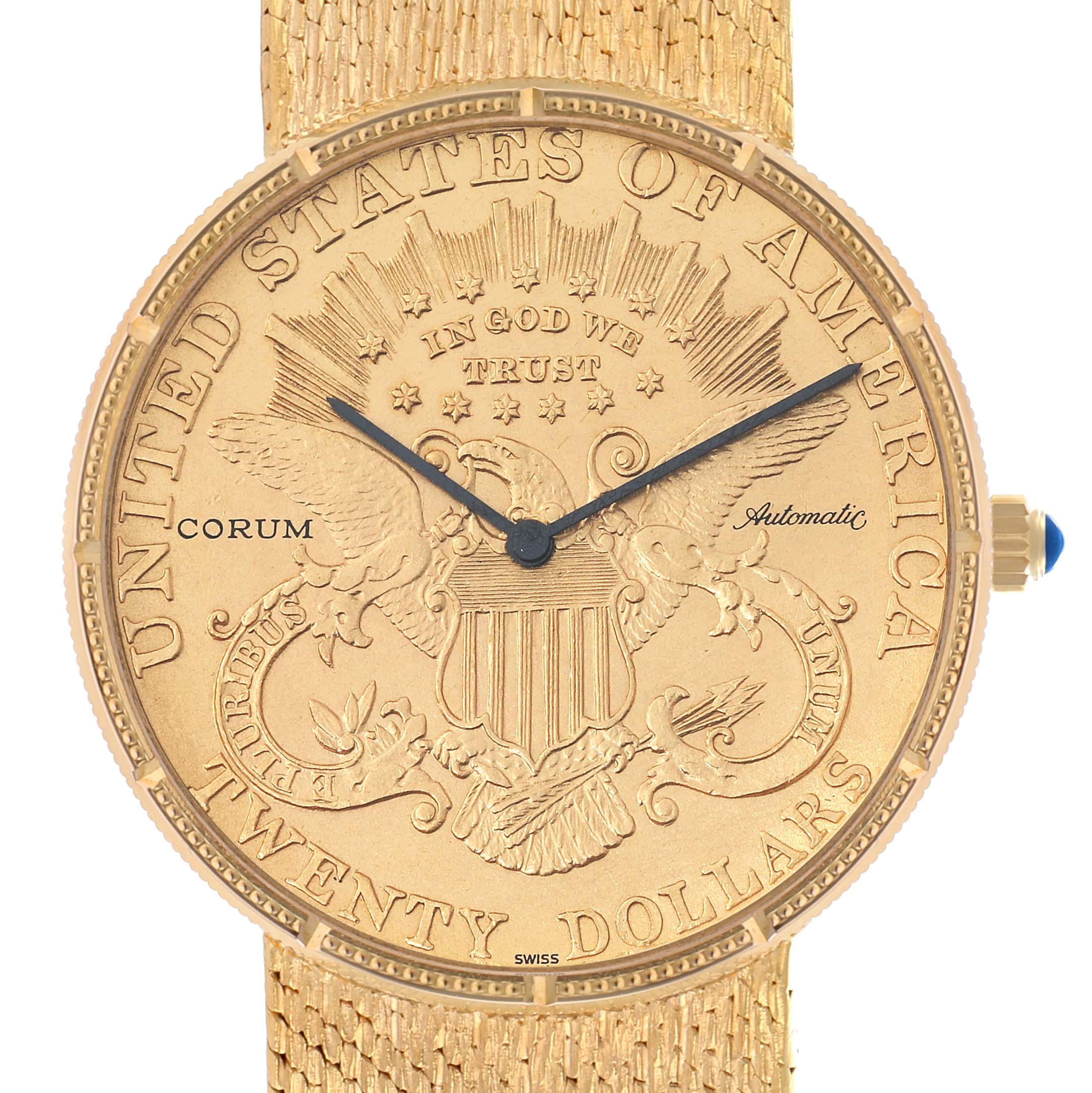 The Corum Coin Watch Men
s Yellow Gold Black Dial model is shown from a front angle, highlighting its detailed gold coin dial and textured strap.