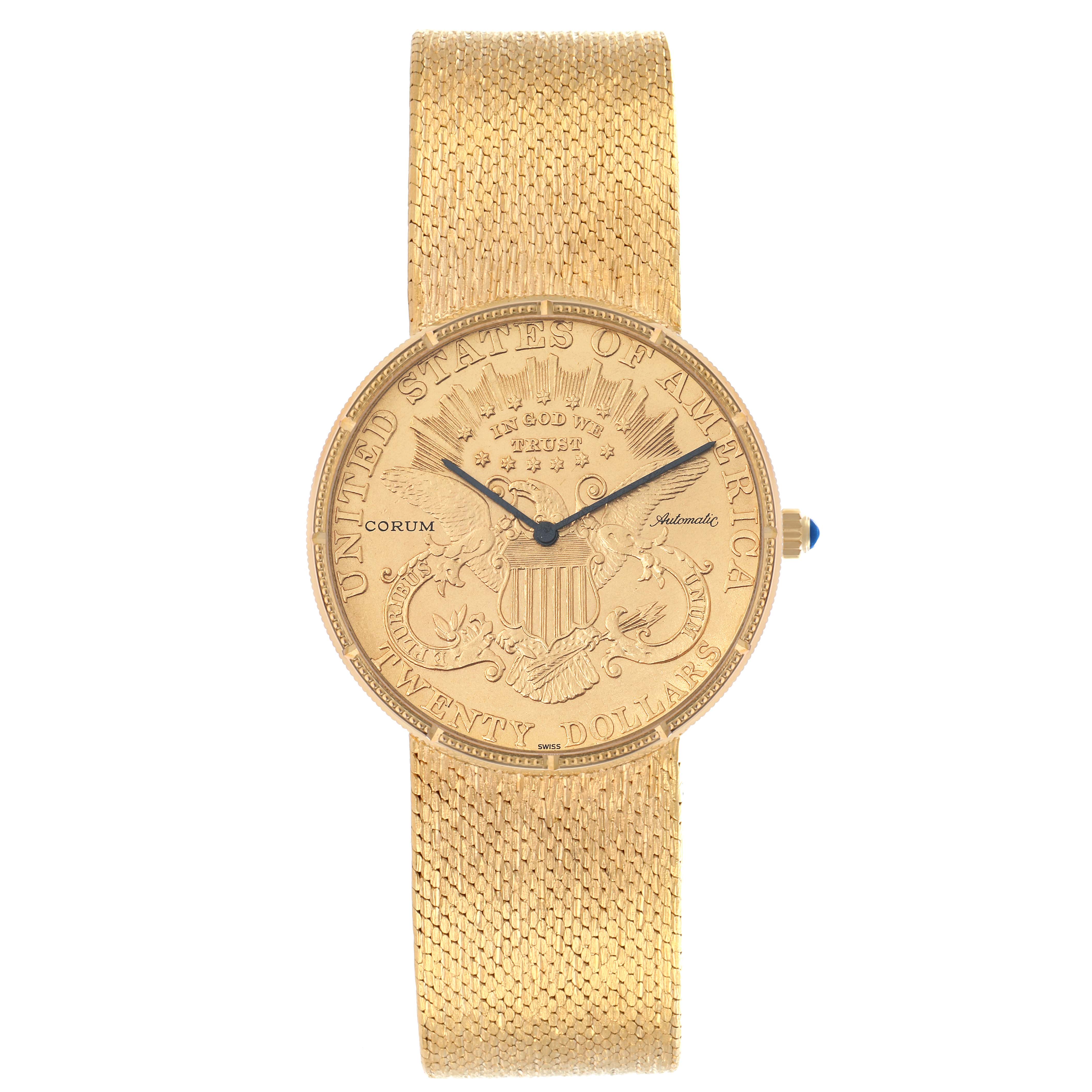 The Corum Coin Watch Men
s Yellow Gold Black Dial is shown from a top-down angle, displaying the detailed watch face and gold mesh strap.