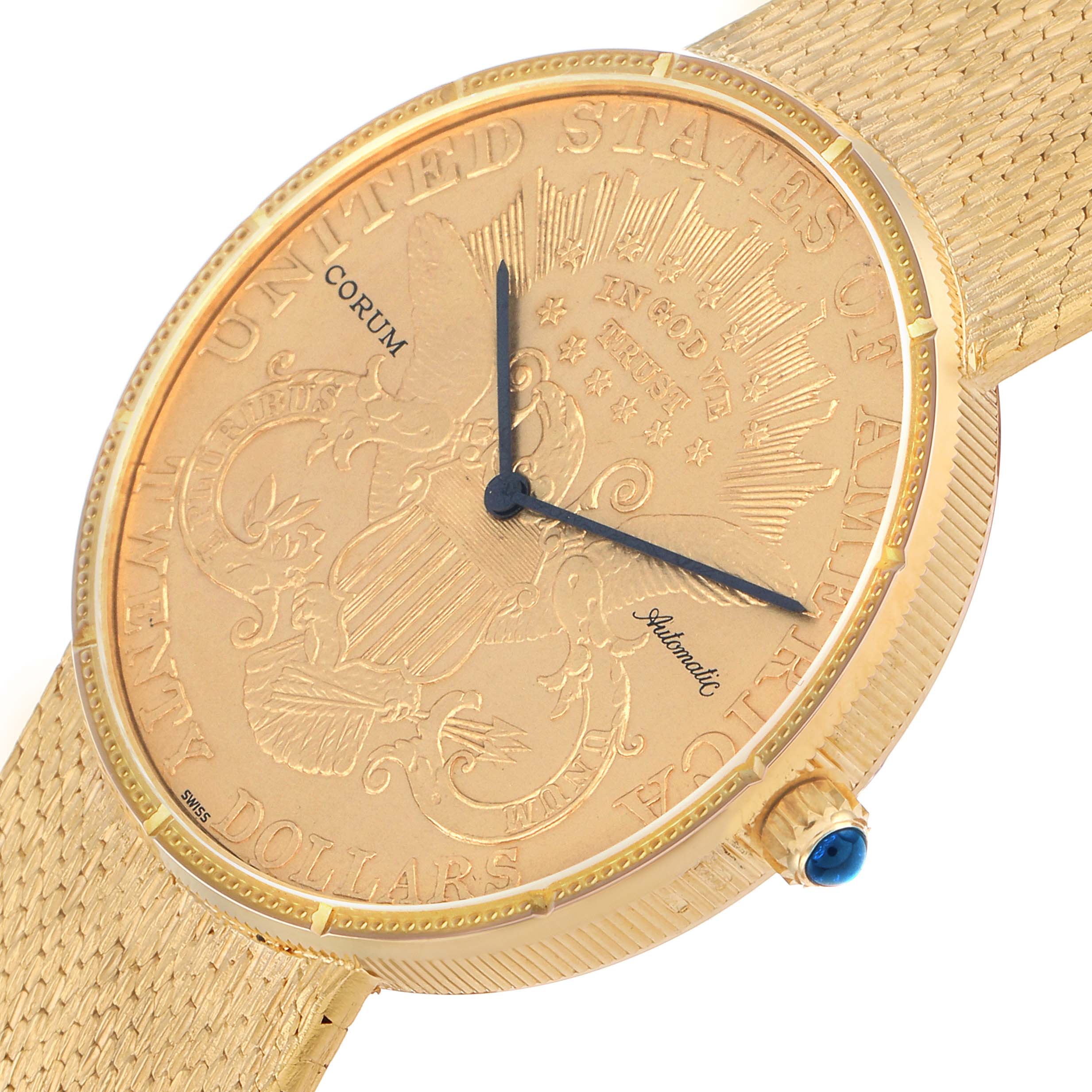 The Corum Coin Watch Men
s Yellow Gold Black Dial is shown from a front-side angle, highlighting its engraved dial, hands, bezel, and textured band.