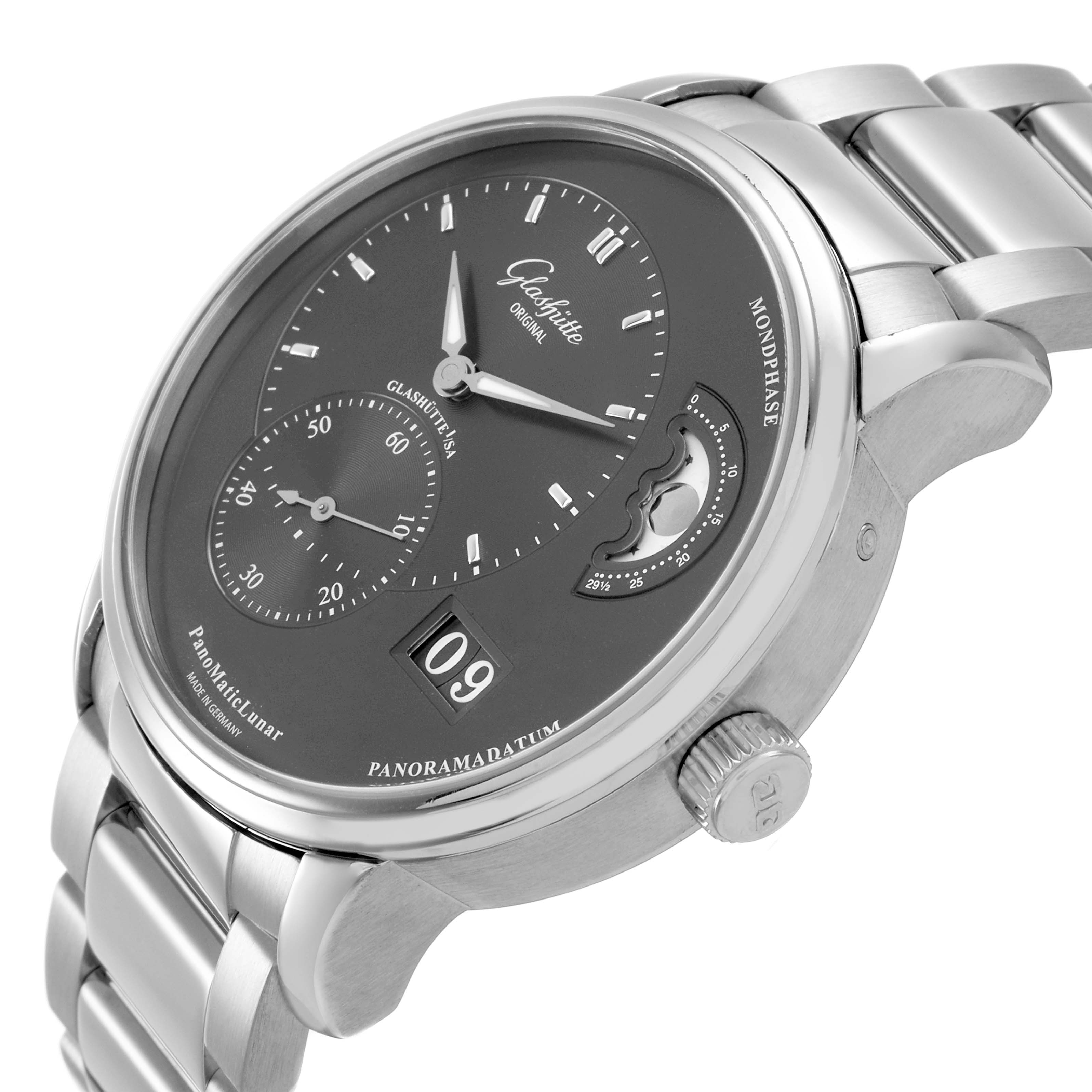 The Glashütte Original Pano watch is shown at an angle highlighting the dial, subdials, moonphase, and stainless steel bracelet.