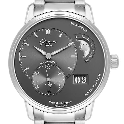 The Glashütte PanoMaticLunar watch is shown from the front, highlighting its hands, sub-dial, moon phase, and date display.