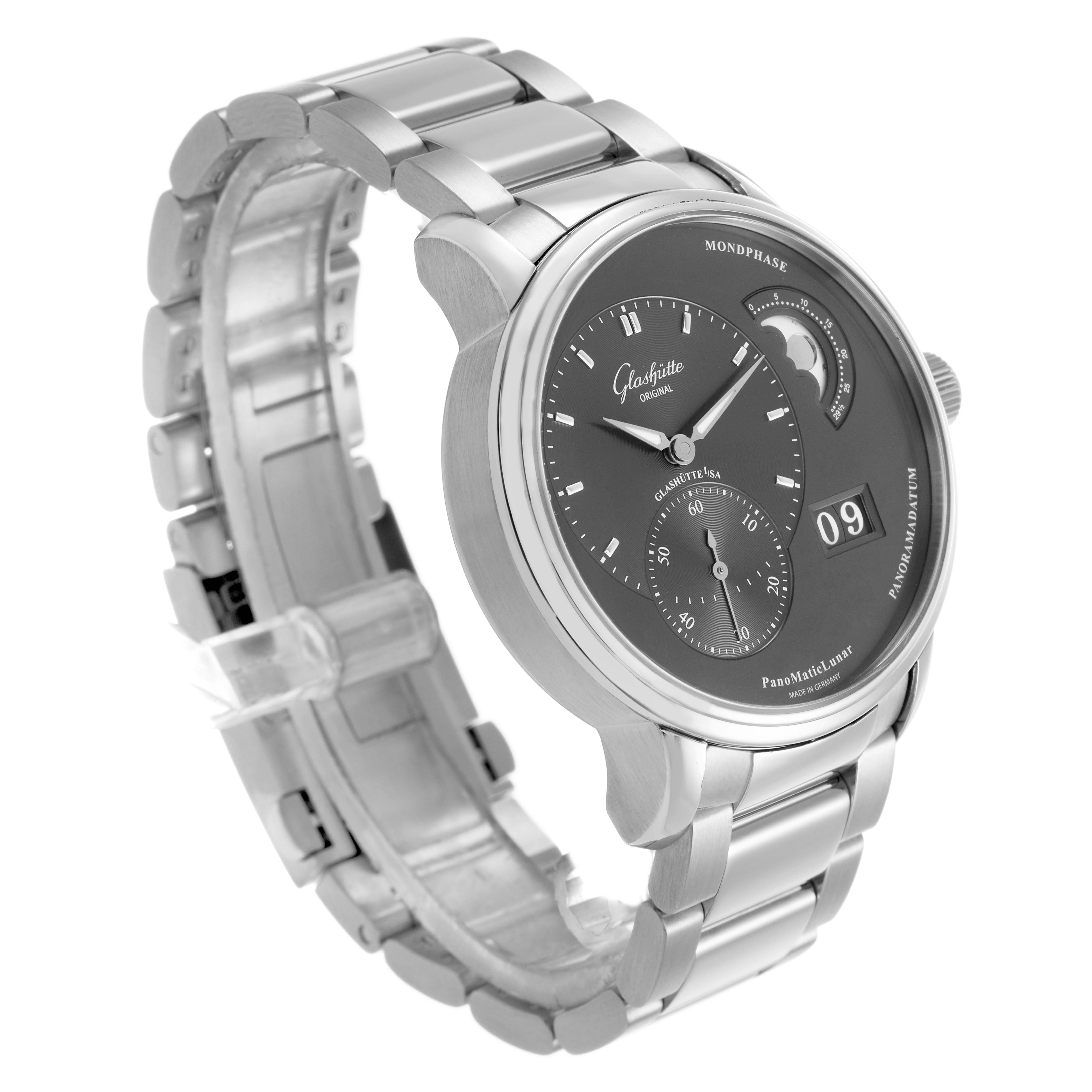 The Glashütte Pano watch is shown at a three-quarter angle highlighting the dial, moon phase, subdial, and metal bracelet.