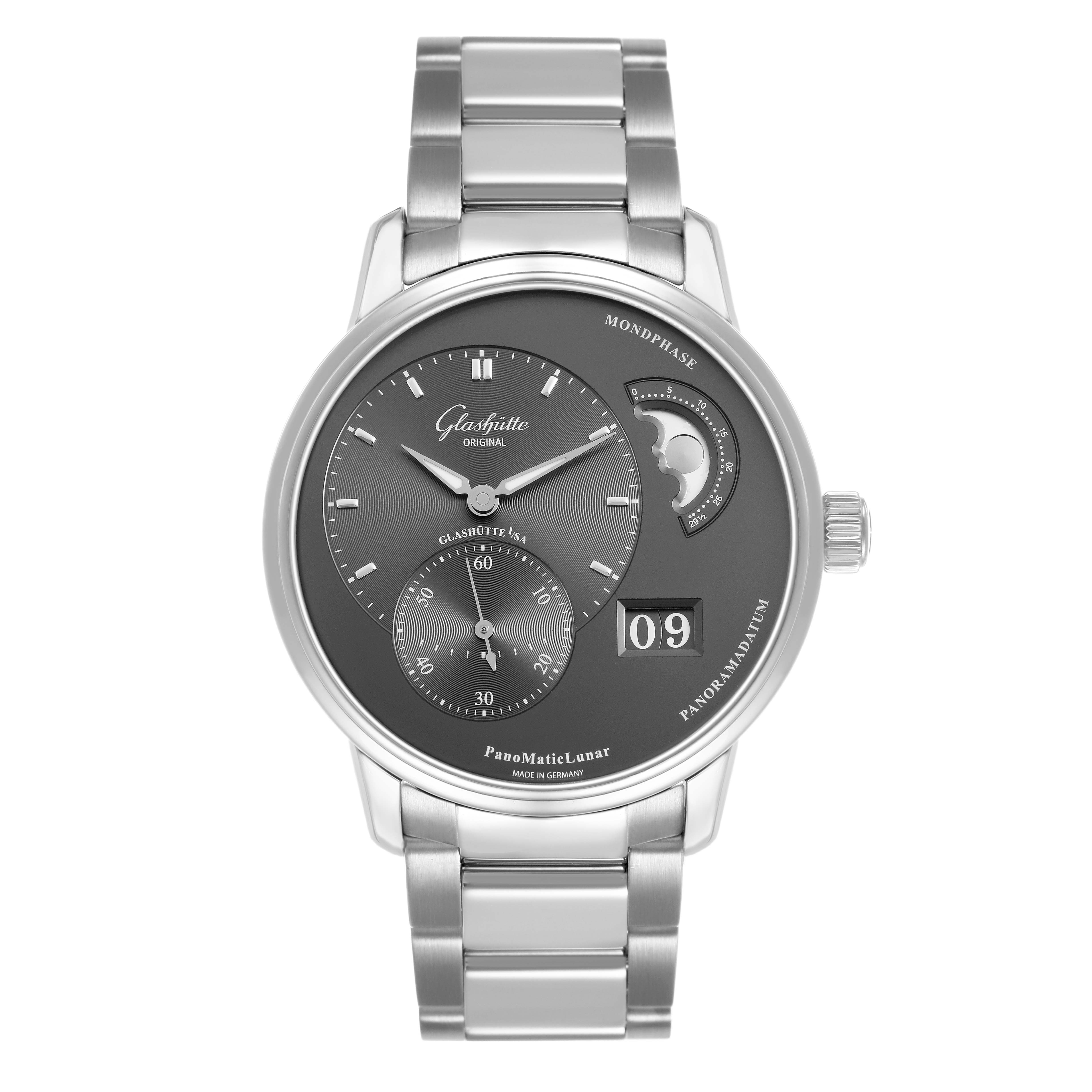 The Glashütte Pano watch is shown from the front, displaying its dial, hands, moon phase, and date on a metal bracelet.
