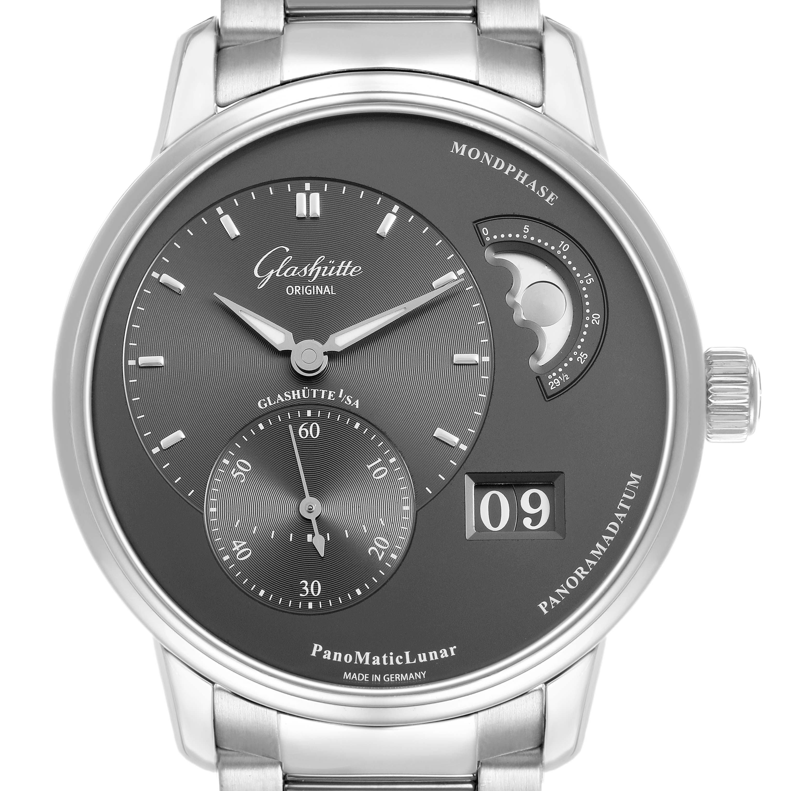 The Glashütte PanoMaticLunar watch is shown from a front angle, displaying its moon phase, off-center dial, and date window.