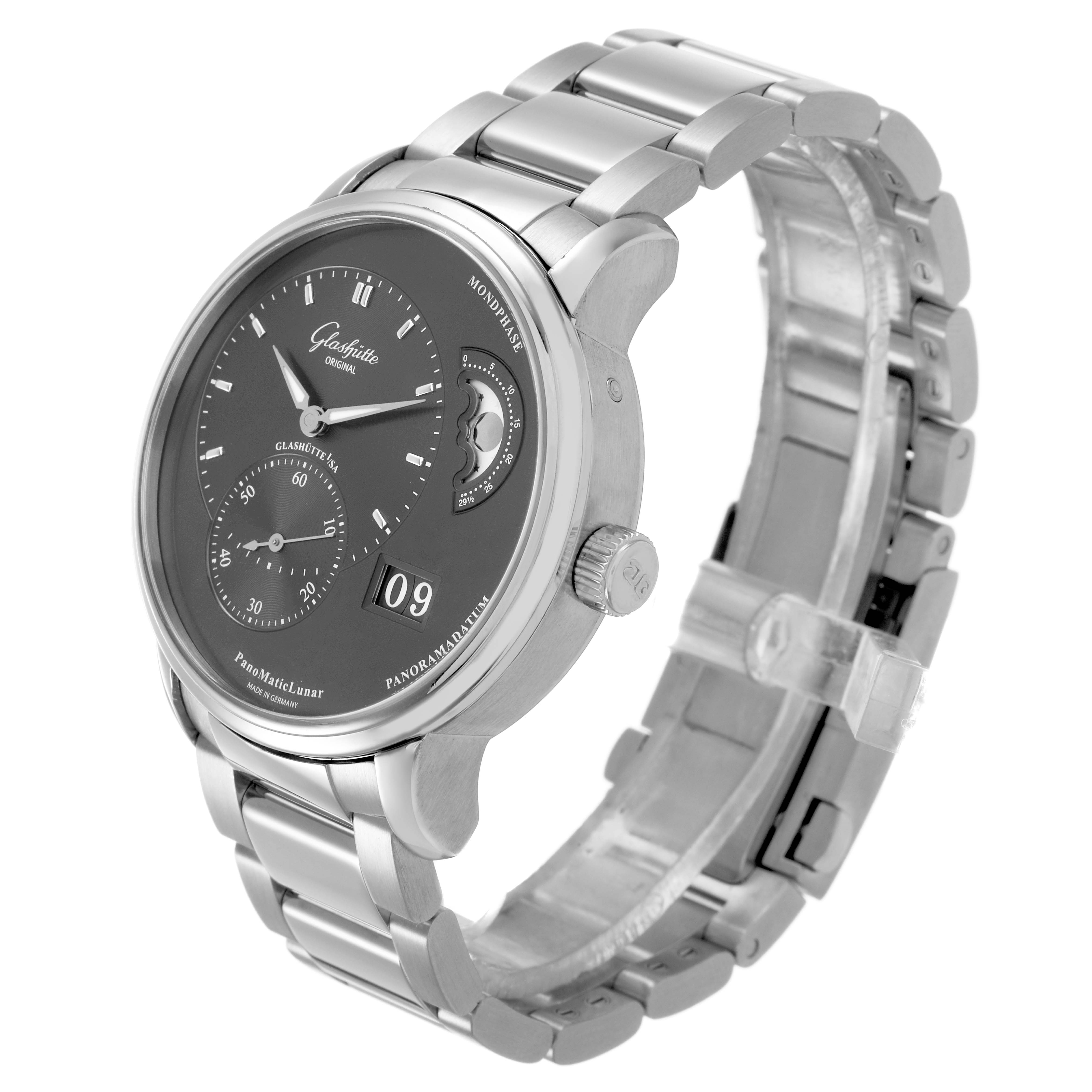 The Glashütte Original Pano model is shown at a three-quarter angle, highlighting the front dial and metal bracelet.