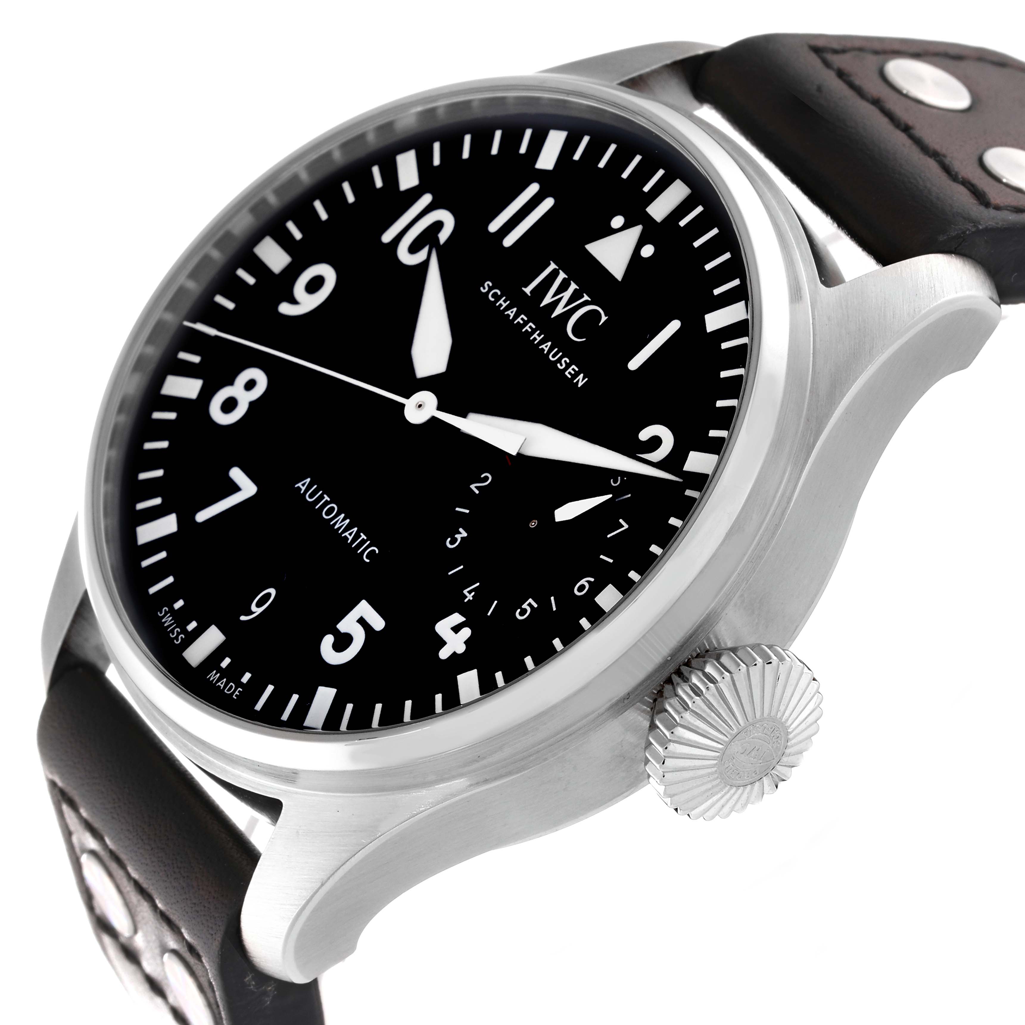 The image shows an angled view of the face and crown of an IWC Pilot IW500912 Men's Stainless Steel Black Dial IW500912 Men's Stainless Steel Black Dial watch with a leather strap.