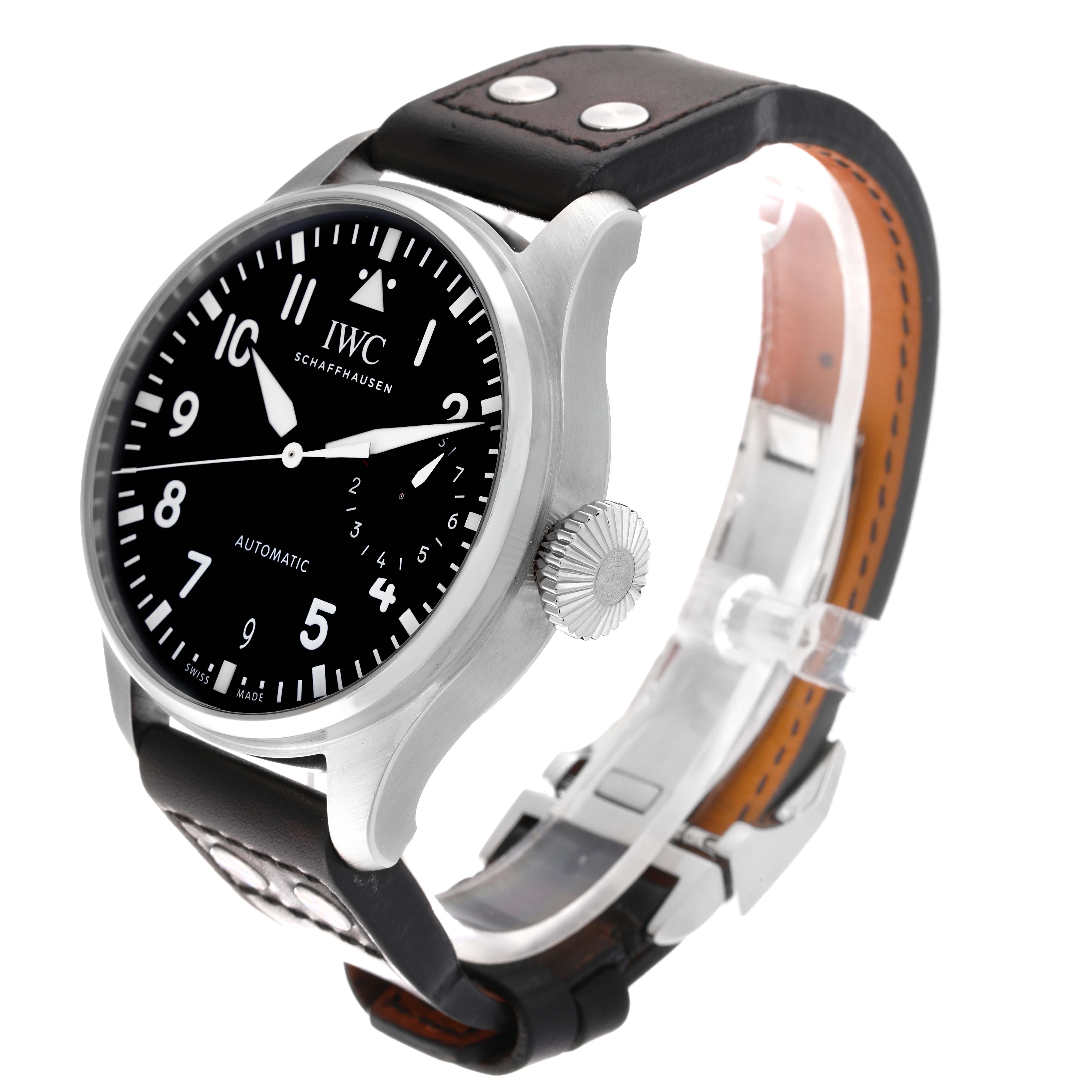 The IWC Pilot IW500912 Men's Stainless Steel Black Dial IW500912 Men's Stainless Steel Black Dial model watch is shown at a three-quarter angle, displaying the dial, crown, and black leather strap with rivets.