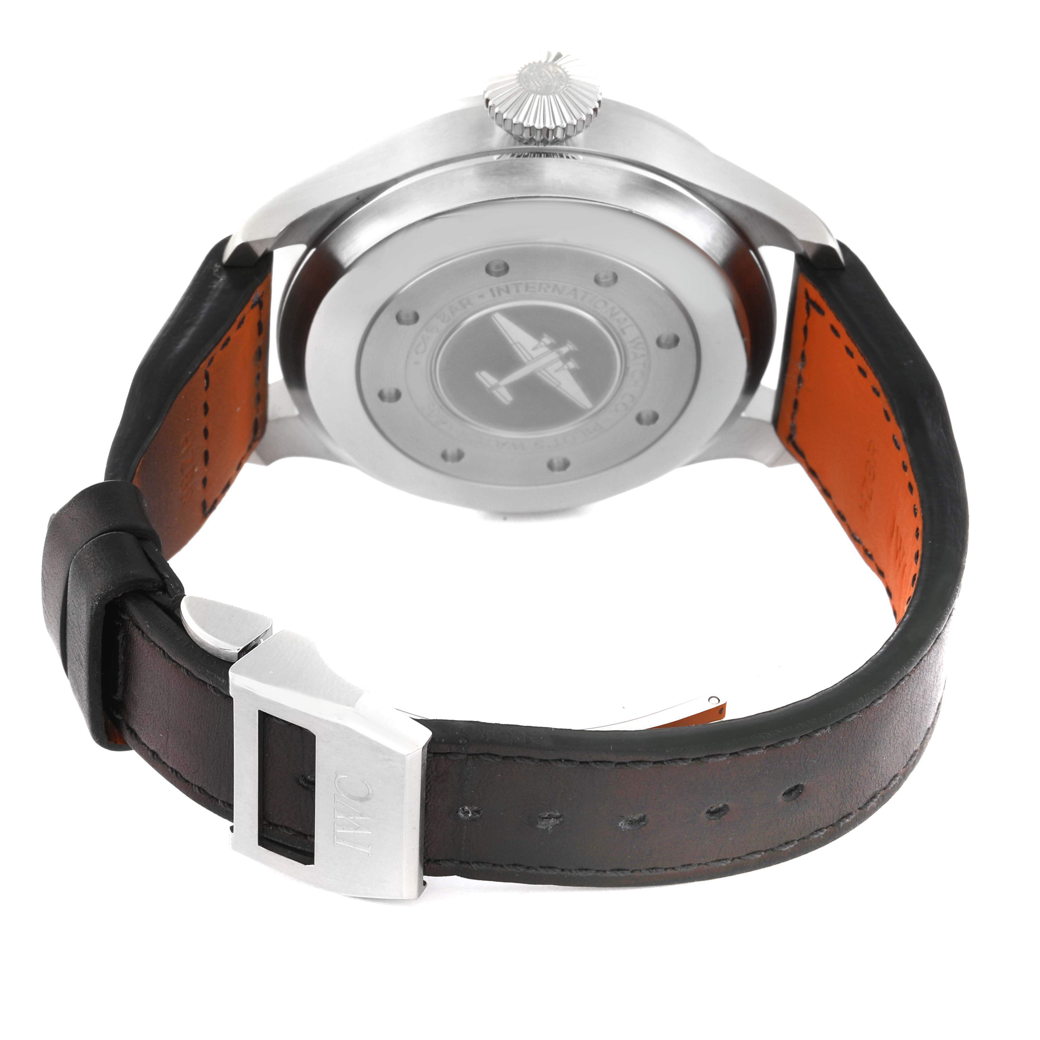 The image shows the back and strap of an IWC Pilot IW500912 Men's Stainless Steel Black Dial IW500912 Men's Stainless Steel Black Dial model watch from an angled rear view.