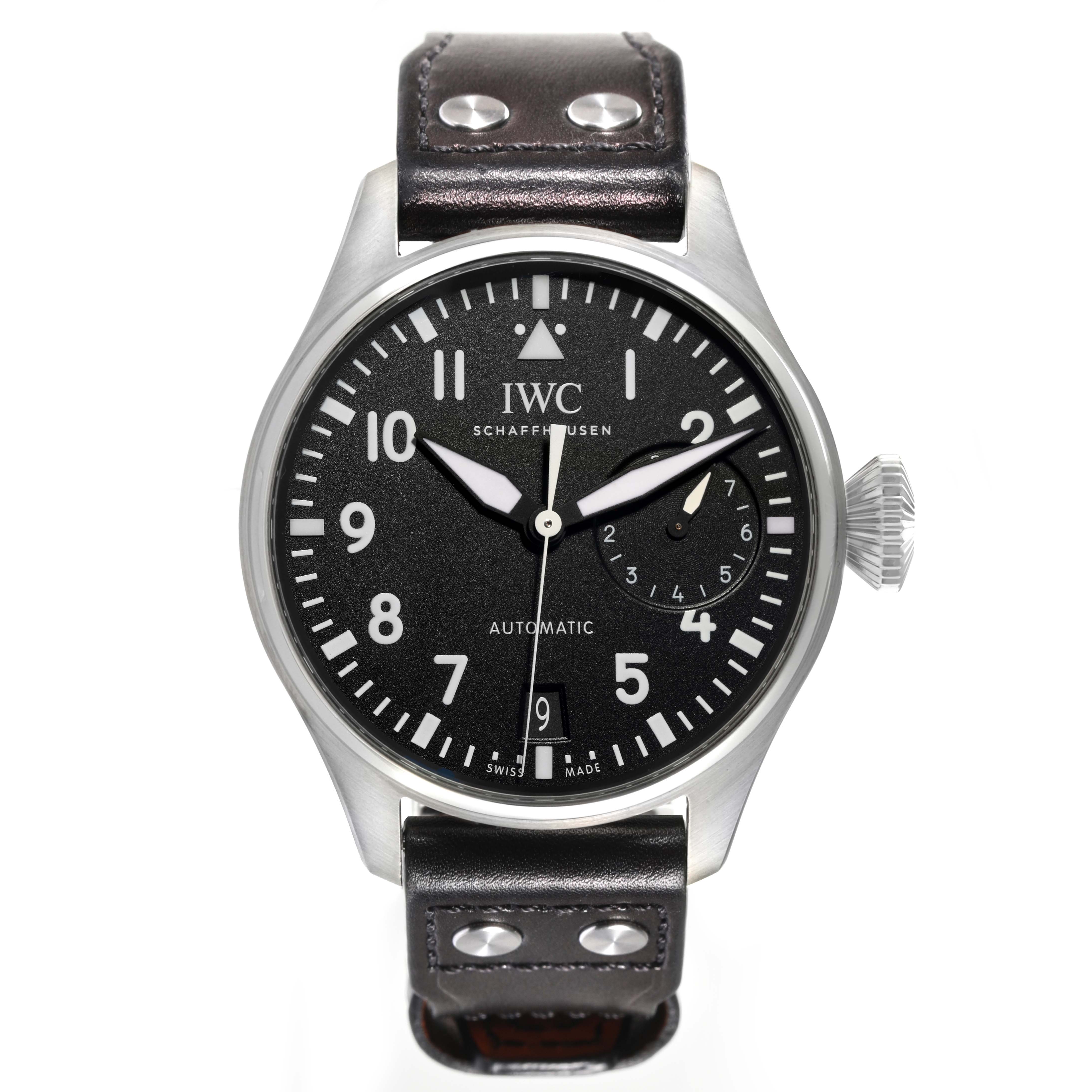 The image shows a front view of an IWC Pilot IW500912 Men's Stainless Steel Black Dial IW500912 Men's Stainless Steel Black Dial model watch, displaying the dial, case, crown, and leather strap.