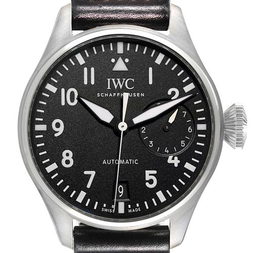 The image shows a frontal view of the IWC Pilot model watch, showcasing its dial, hands, date window, and crown.