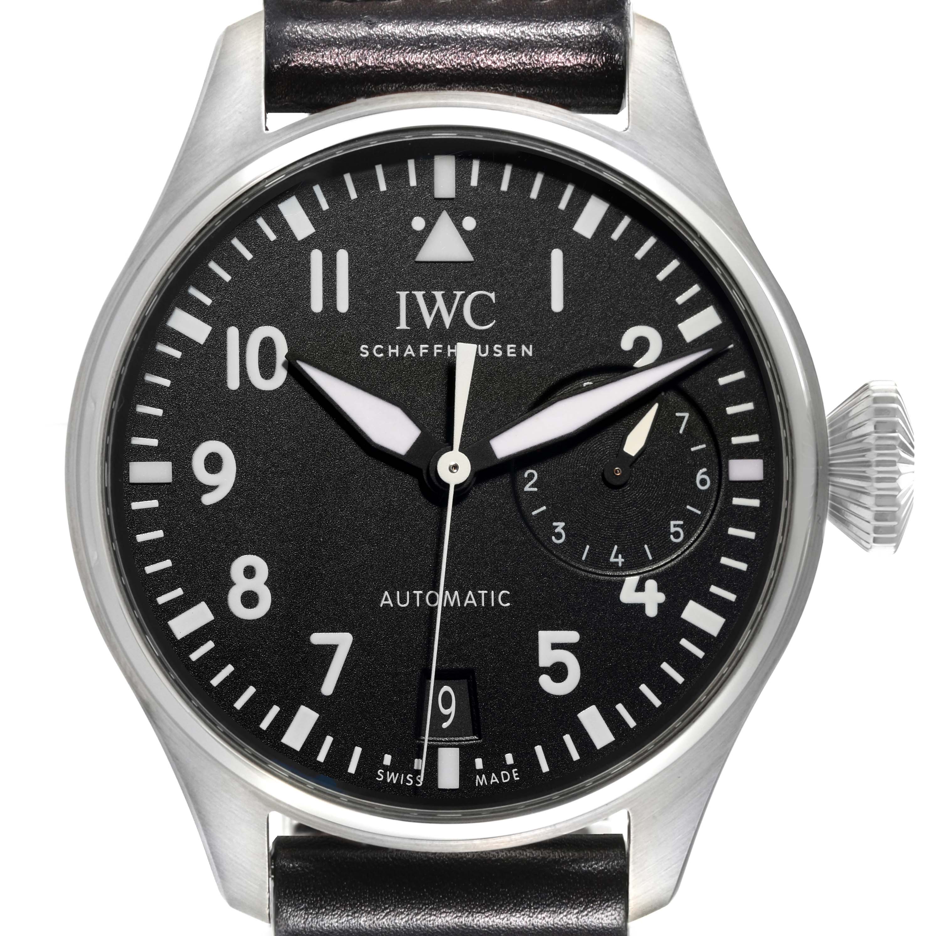 This is a frontal view of the IWC Pilot IW500912 Men's Stainless Steel Black Dial IW500912 Men's Stainless Steel Black Dial model watch, showing the dial, hands, crown, and part of the leather strap.