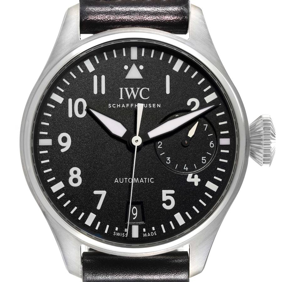 This is a frontal view of the IWC Pilot model watch, showing the dial, hands, crown, and part of the leather strap.